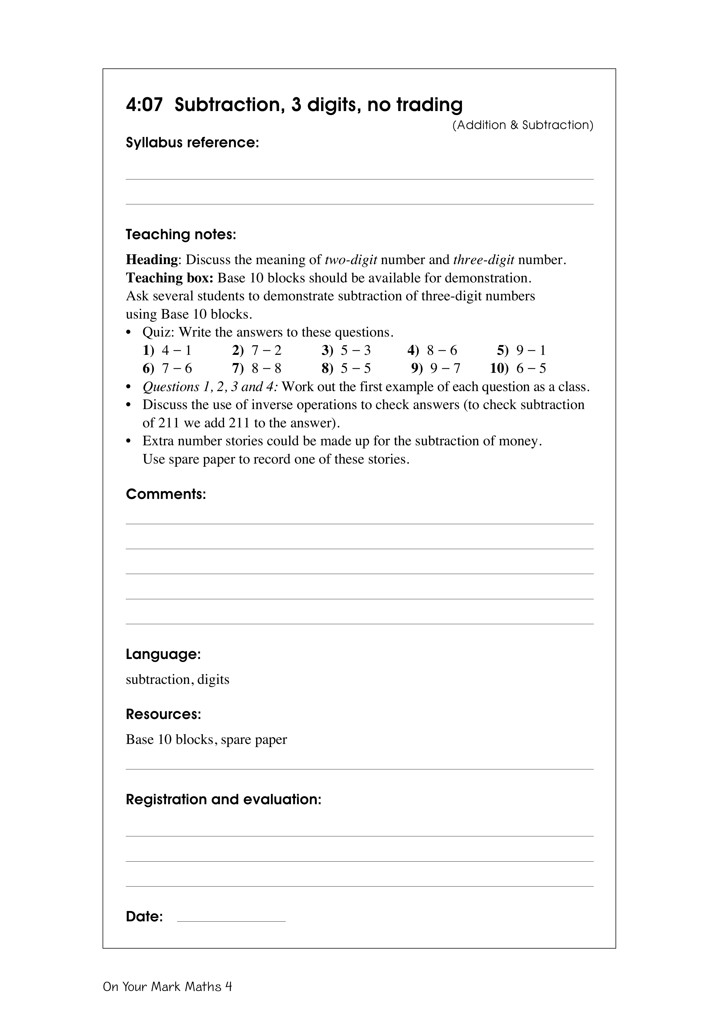 Subtraction, 3 digits, no trading — worksheet preview