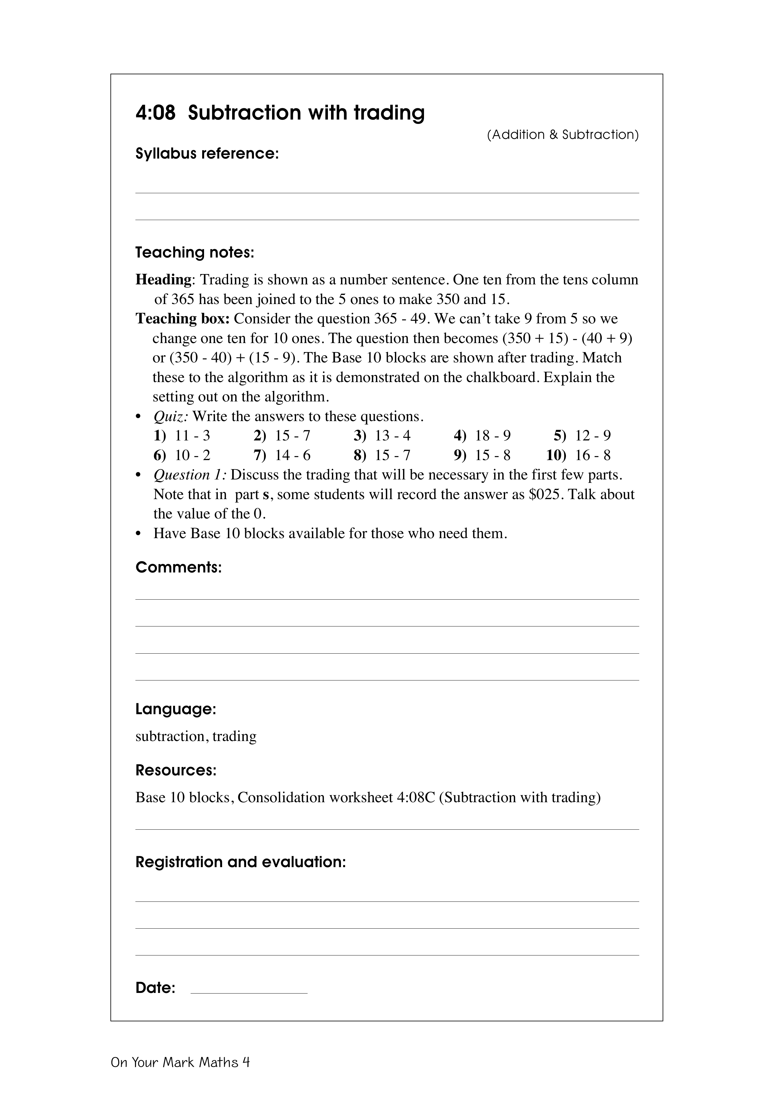 Subtraction with trading — worksheet preview