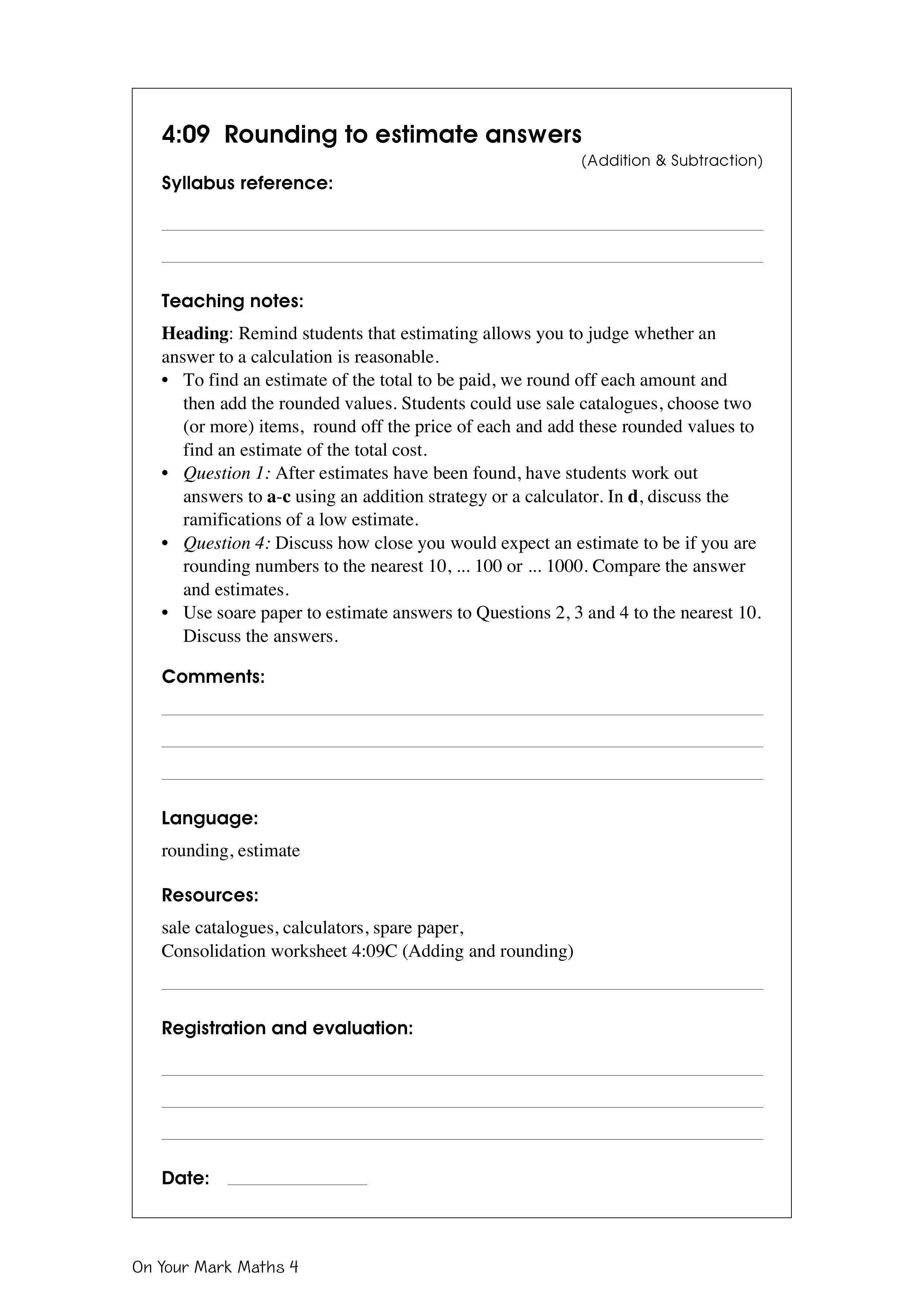 Rounding to estimate answers — worksheet preview