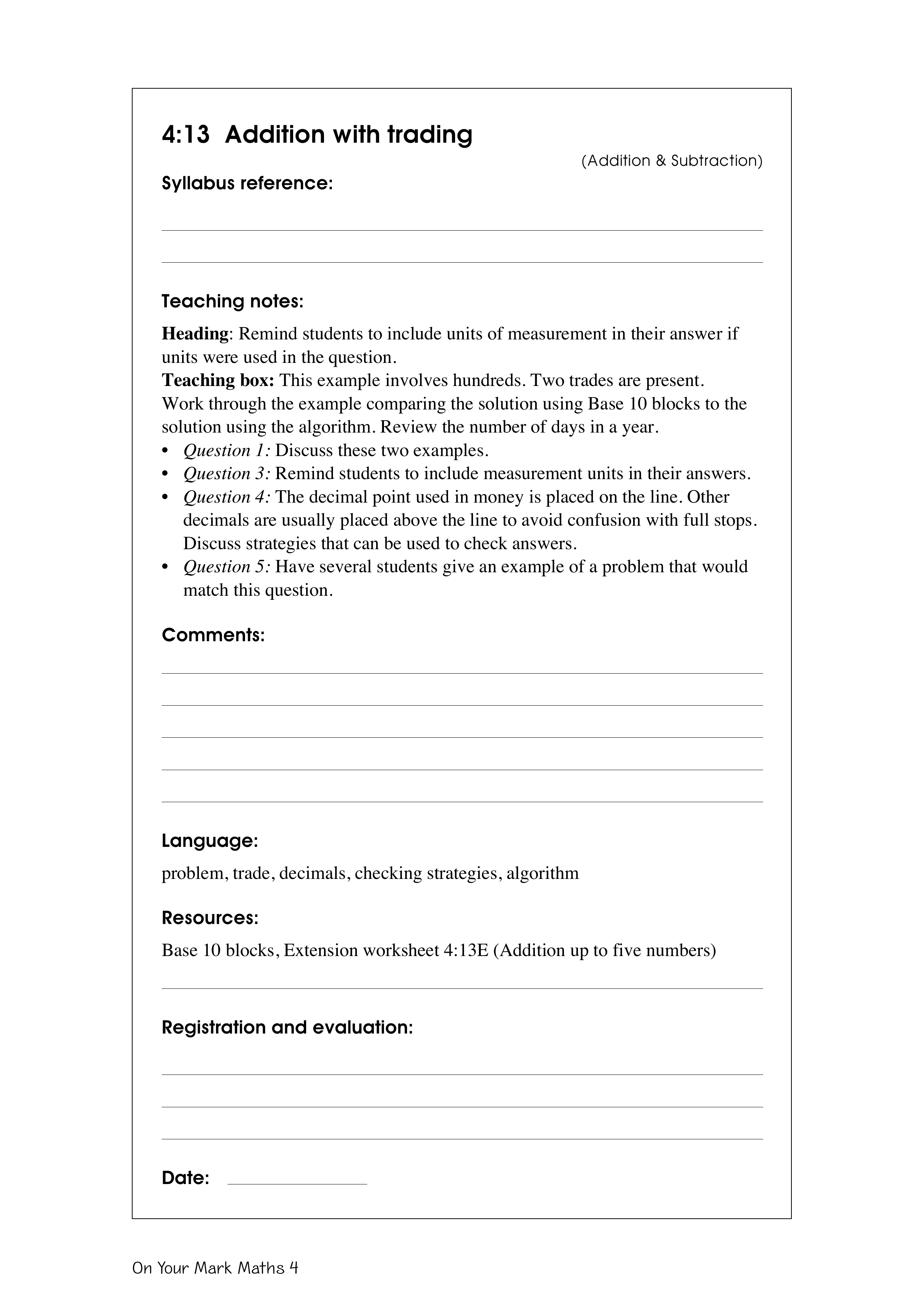 Addition with trading — worksheet preview