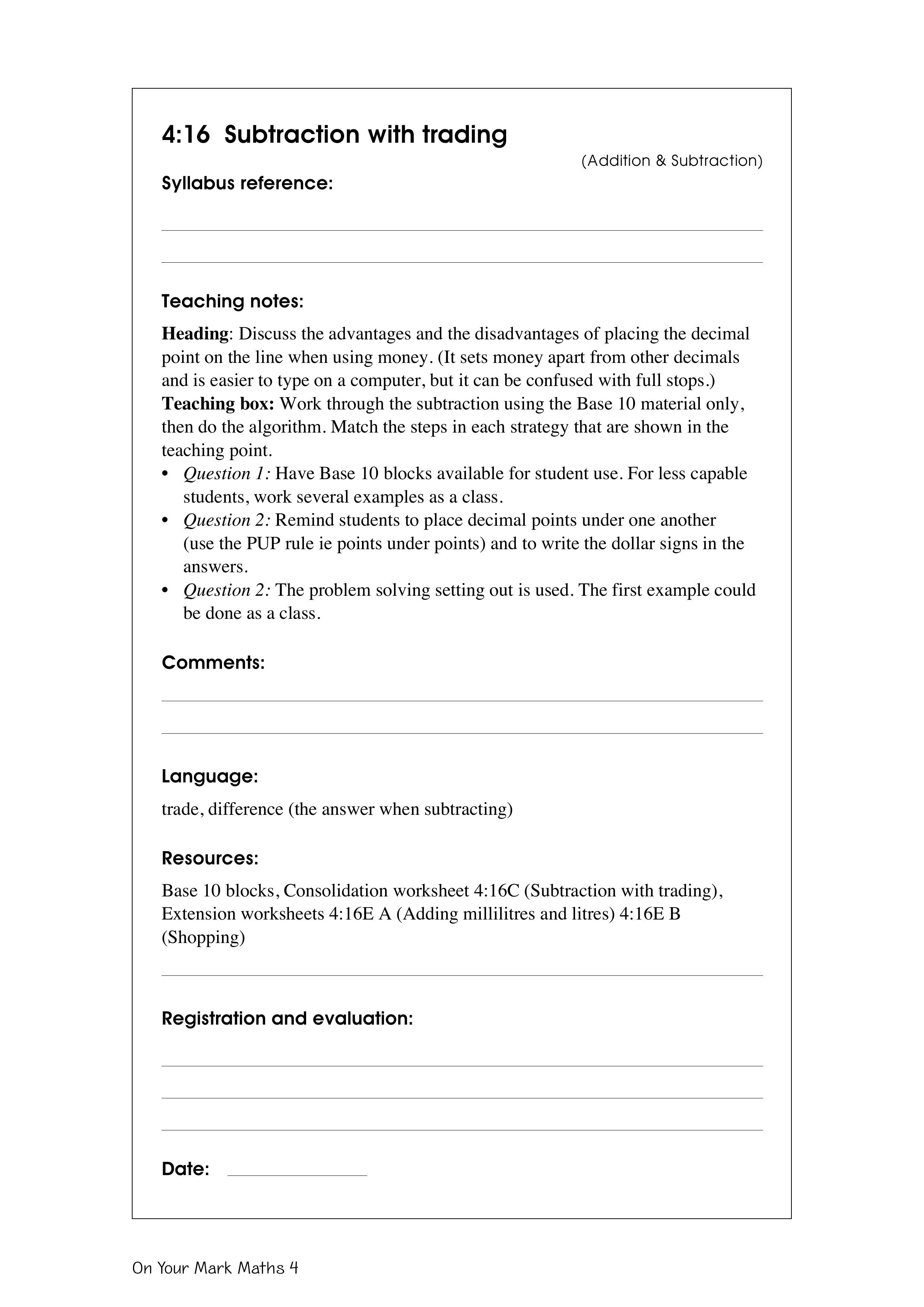 Subtraction with trading — worksheet preview
