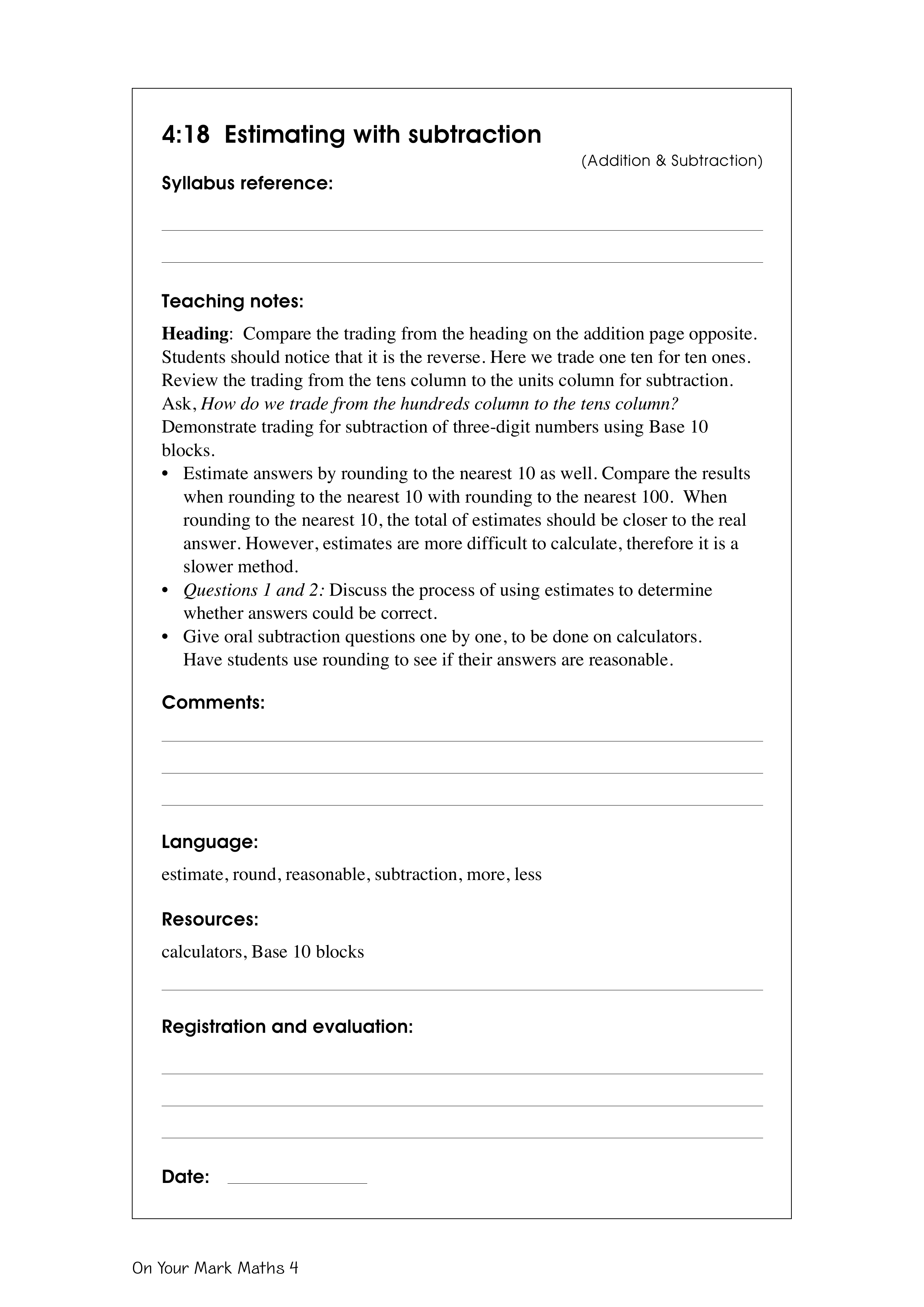 Estimating with subtraction — worksheet preview