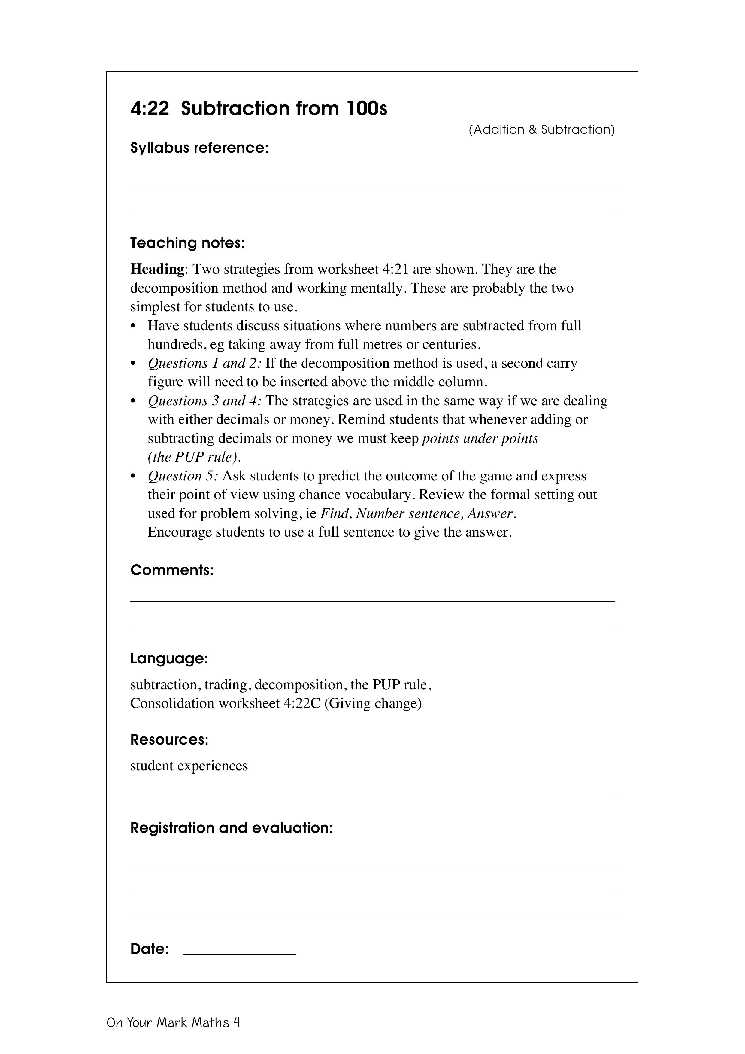 Subtraction from 100s — worksheet preview