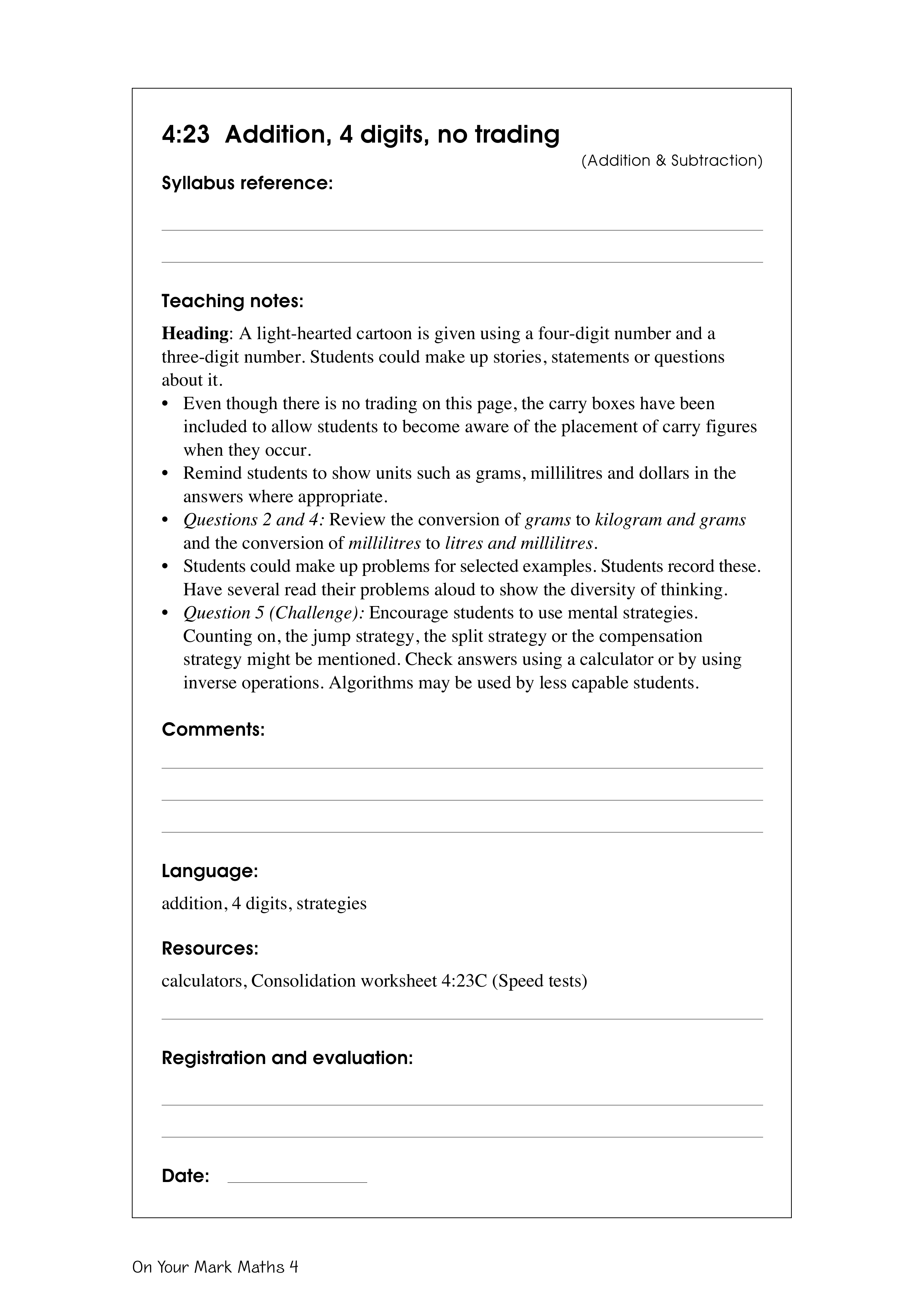 Addition, 4 digits, no trading — worksheet preview