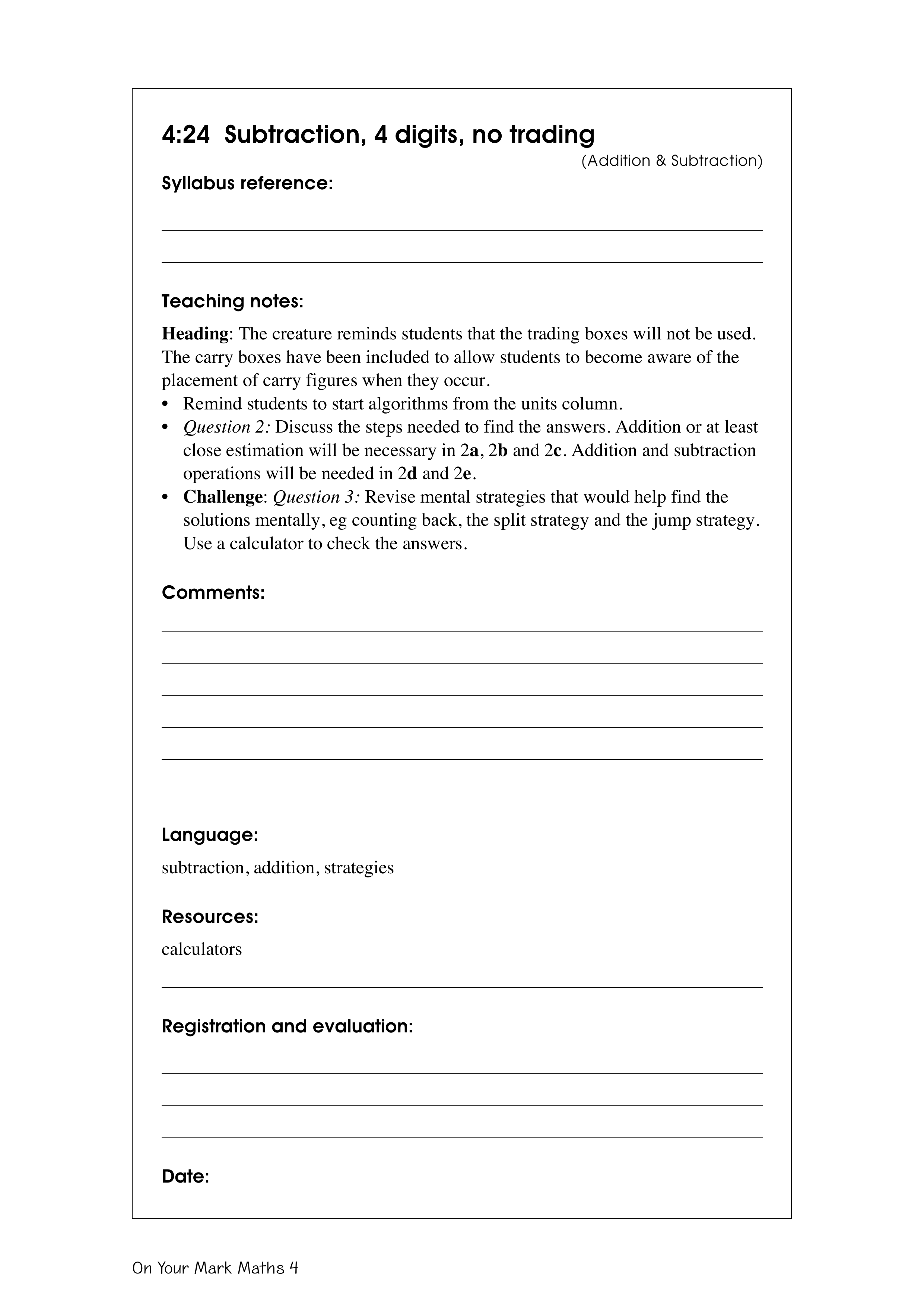 Subtraction, 4 digits, no trading — worksheet preview