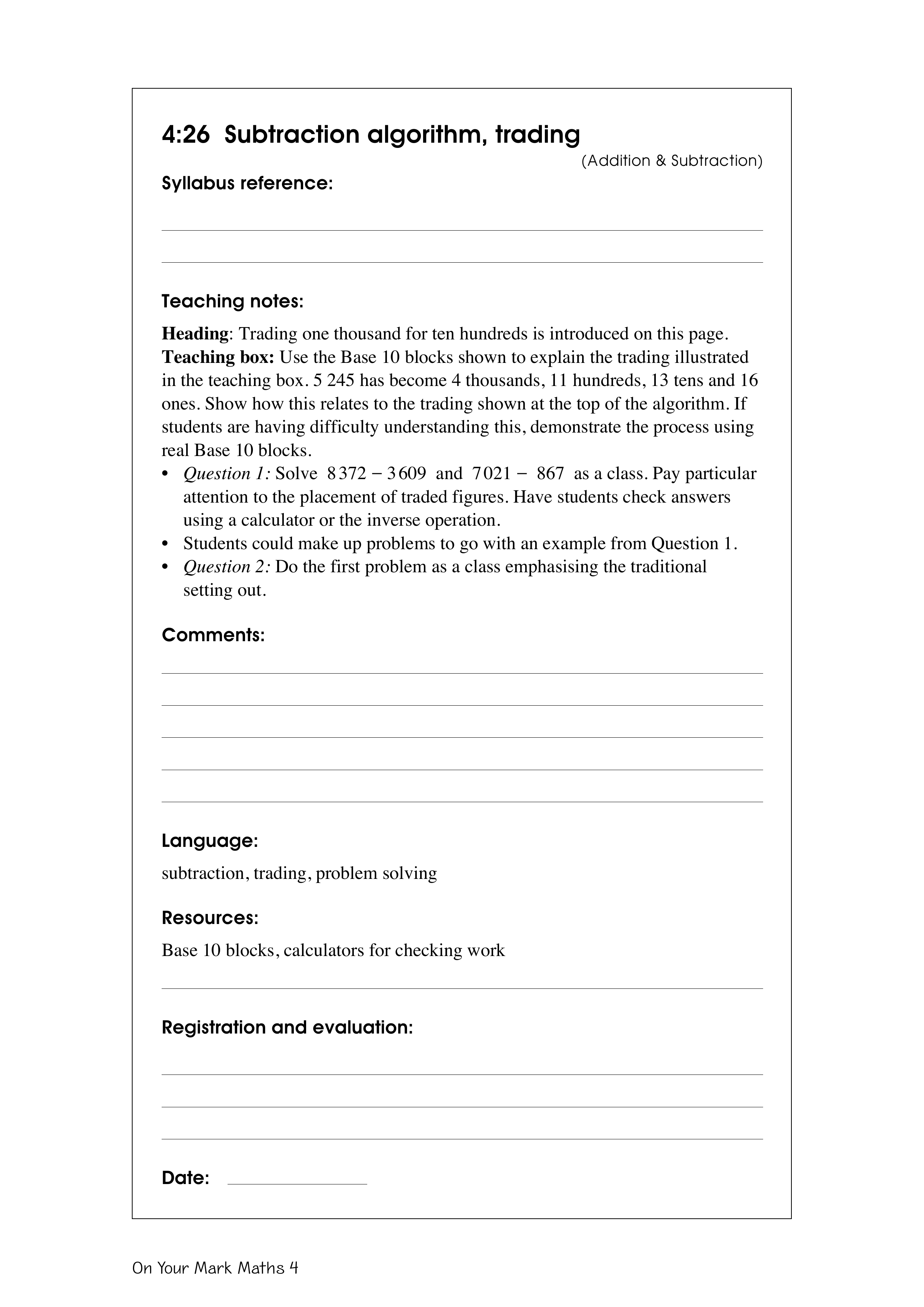 Subtraction algorithm, trading — worksheet preview