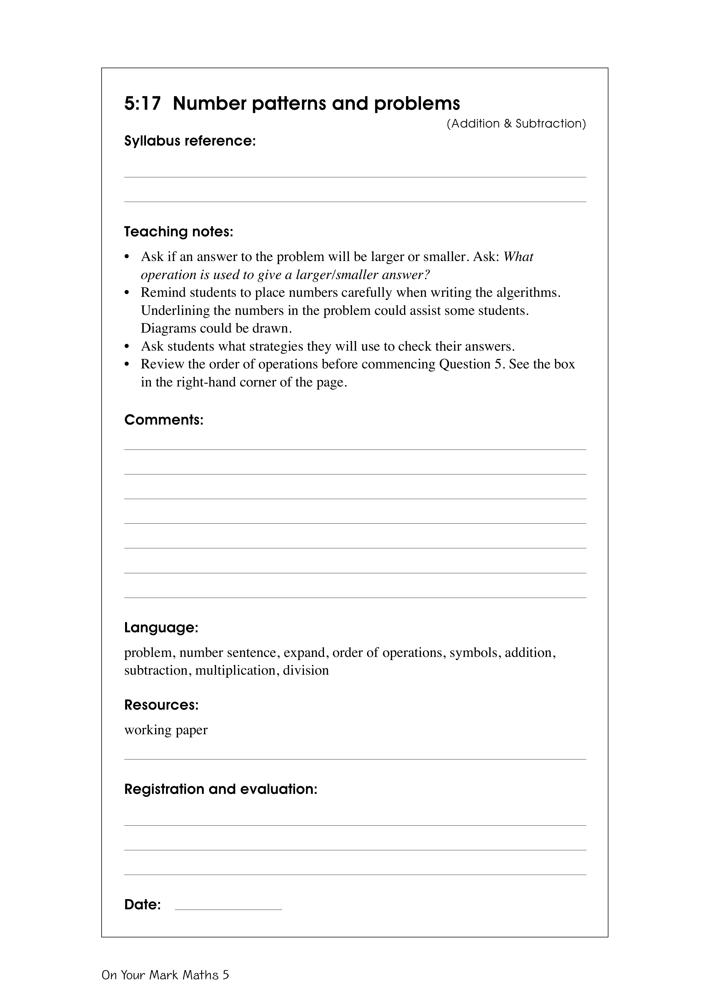 Number patterns and problems — worksheet preview