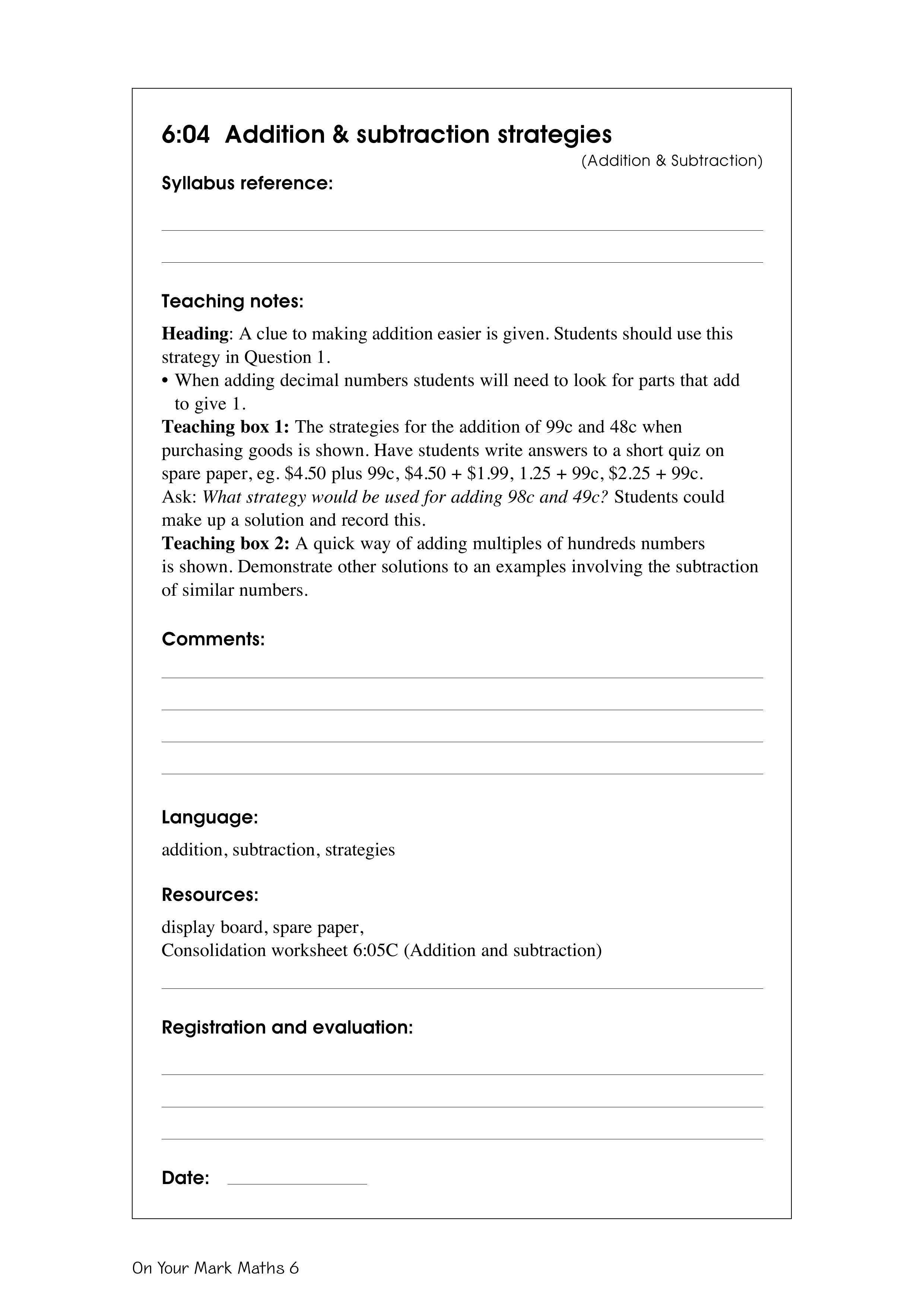 Addition & subtraction strategies — worksheet preview