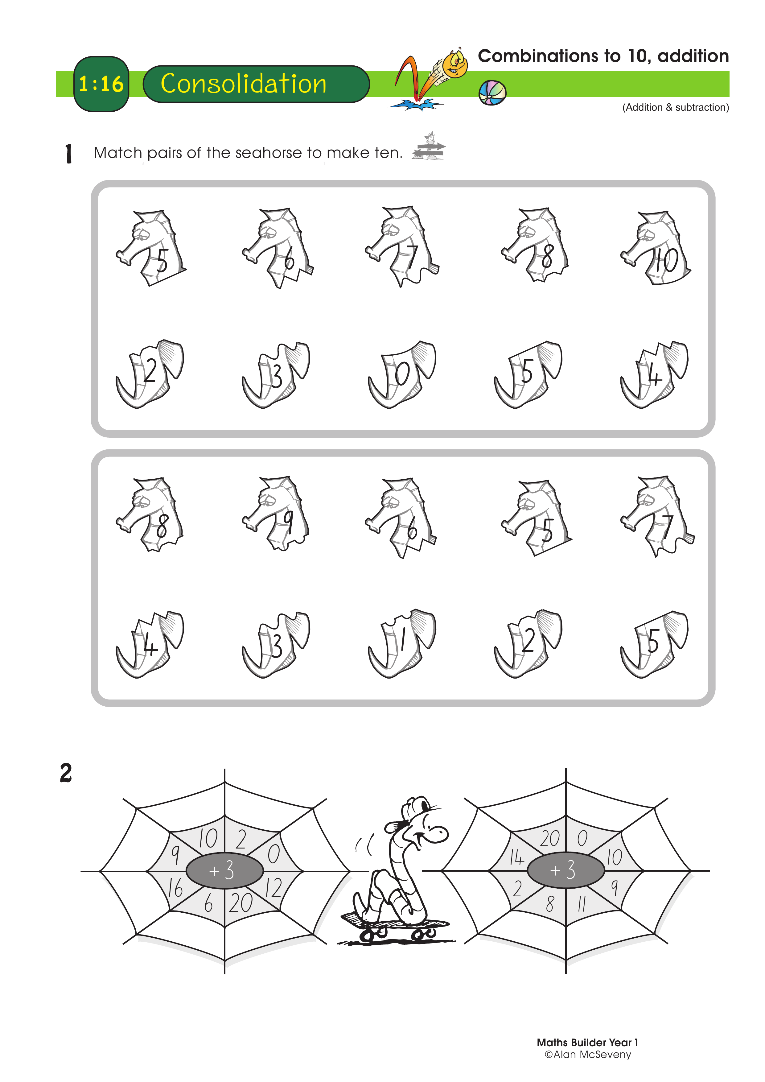 Combinations to 10, addition — worksheet preview