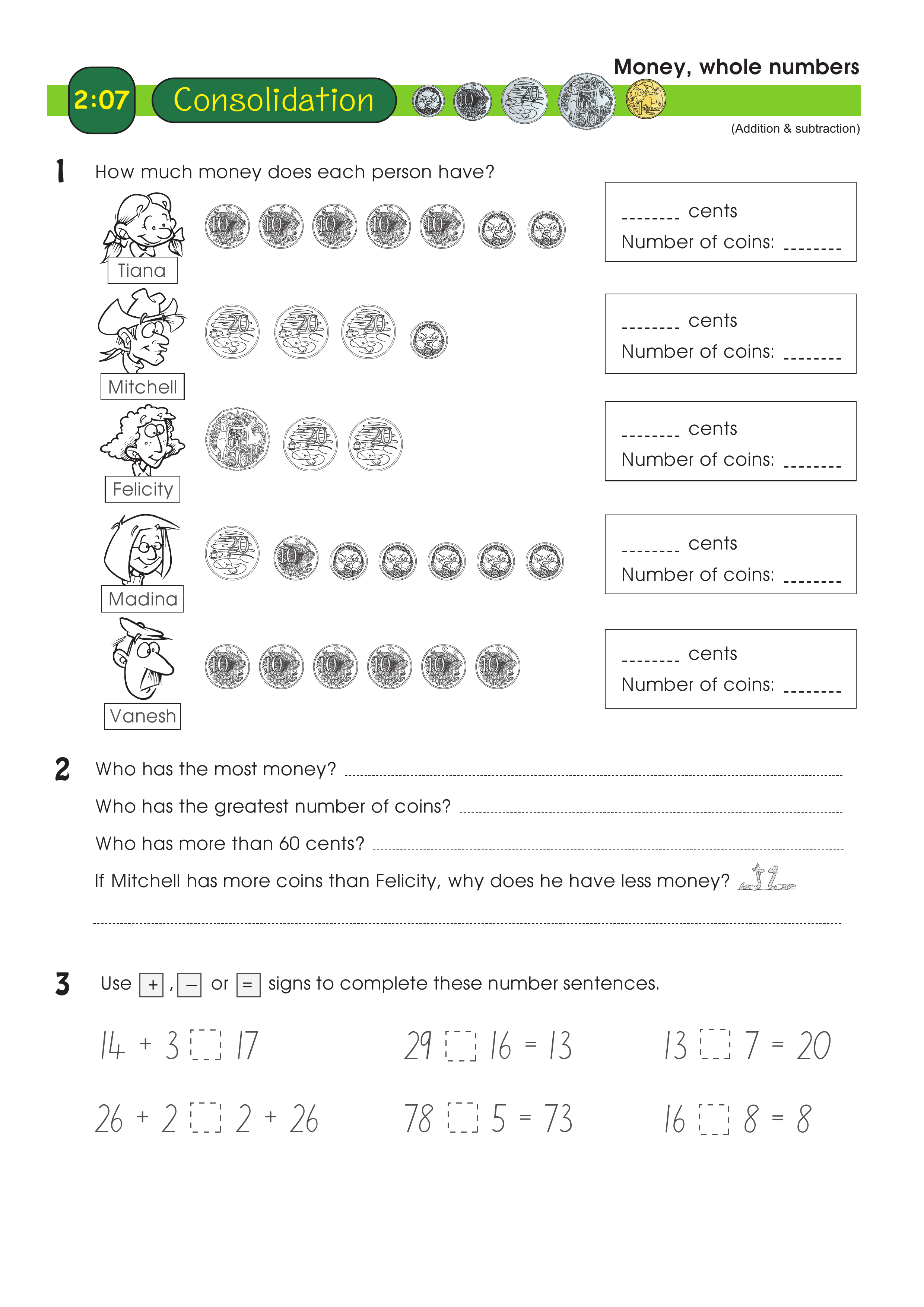 Money, whole numbers — worksheet preview