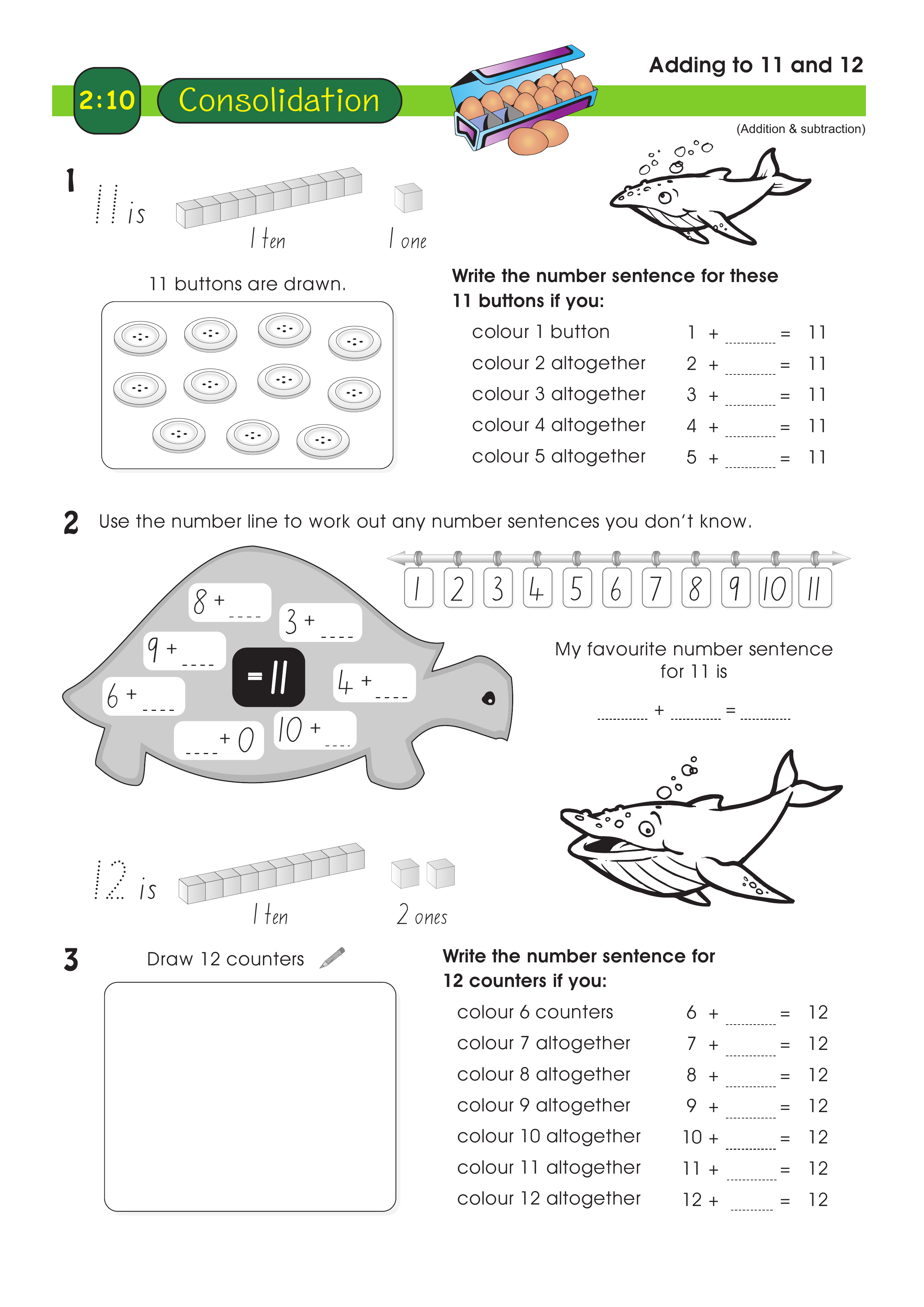 Adding to 11 and 12 — worksheet preview
