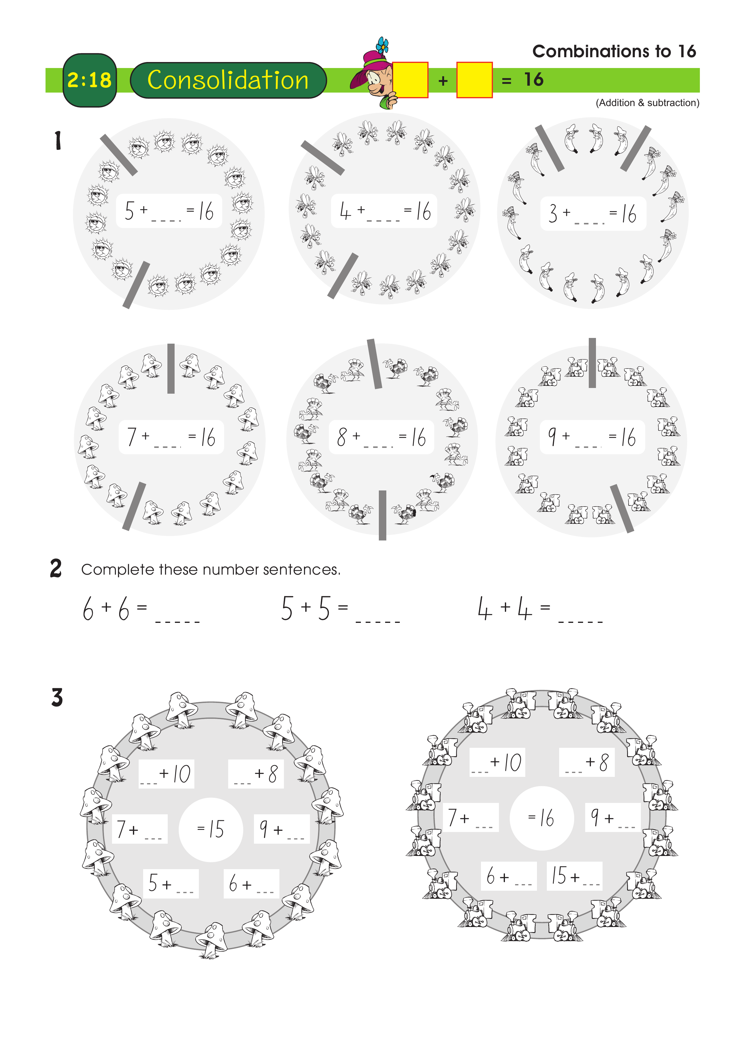 Combinations to 16 — worksheet preview
