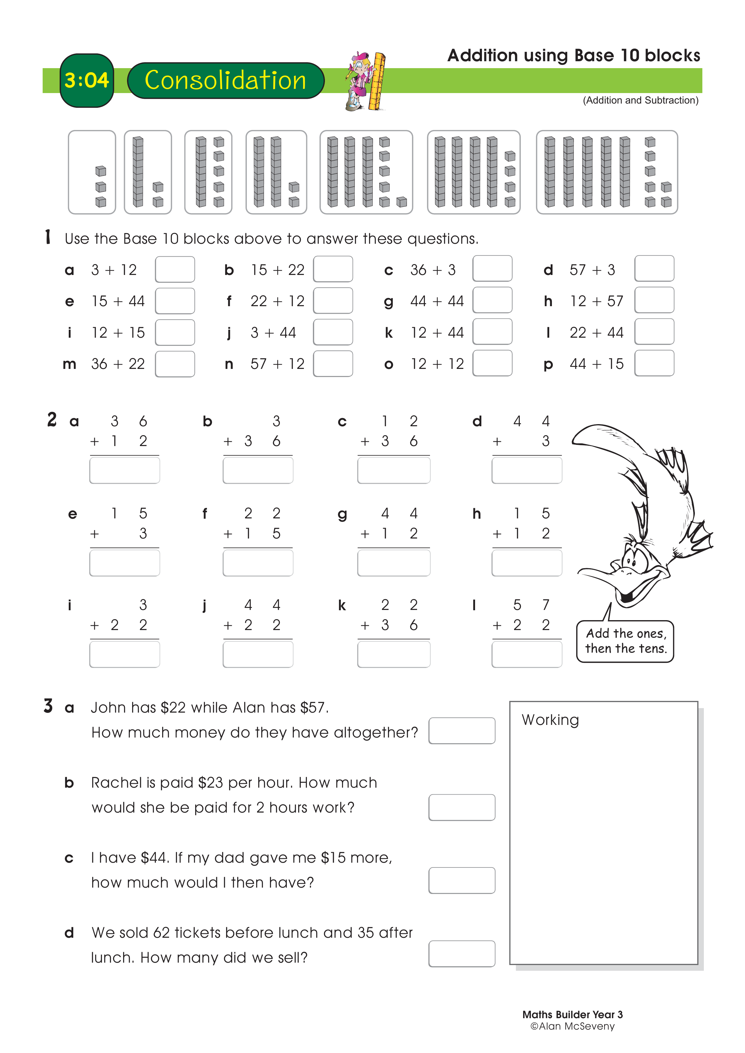 Addition using Base 10 blocks — worksheet preview