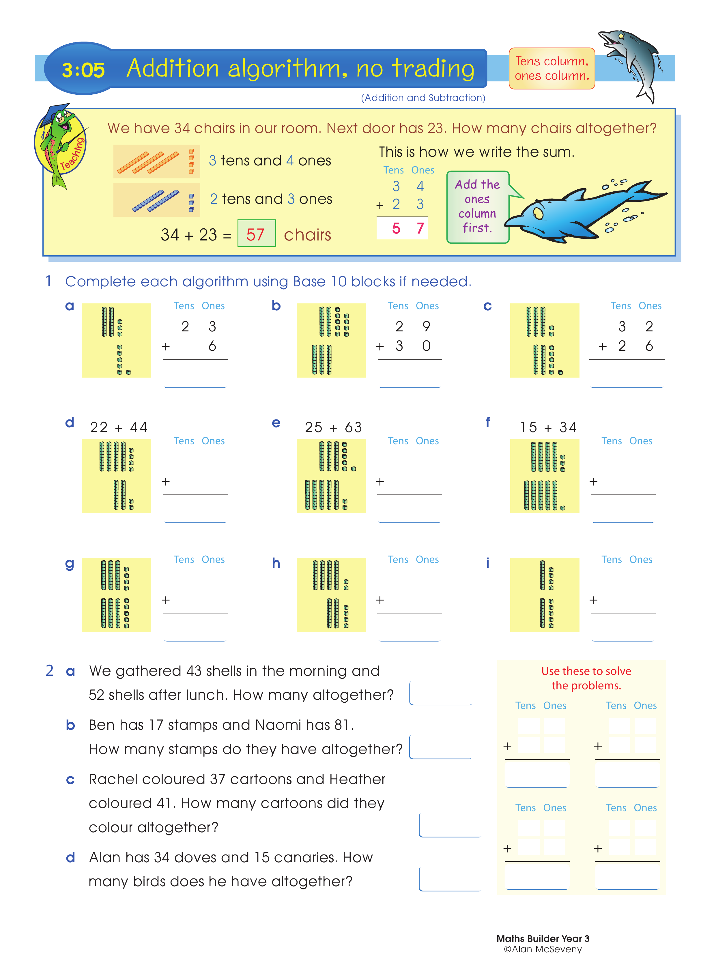 Addition algorithm, no trading — worksheet preview