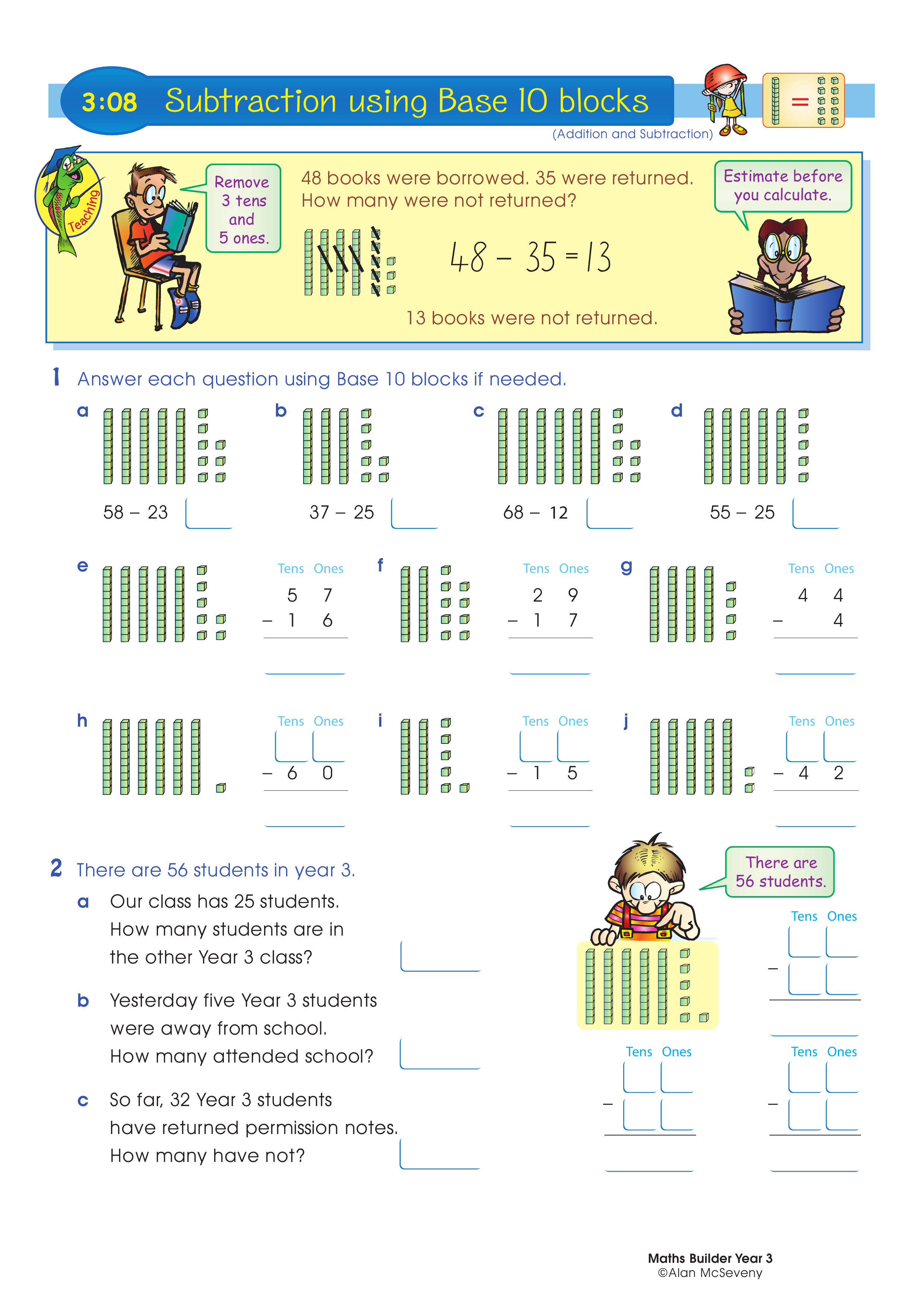 Subtraction using Base 10 blocks — worksheet preview