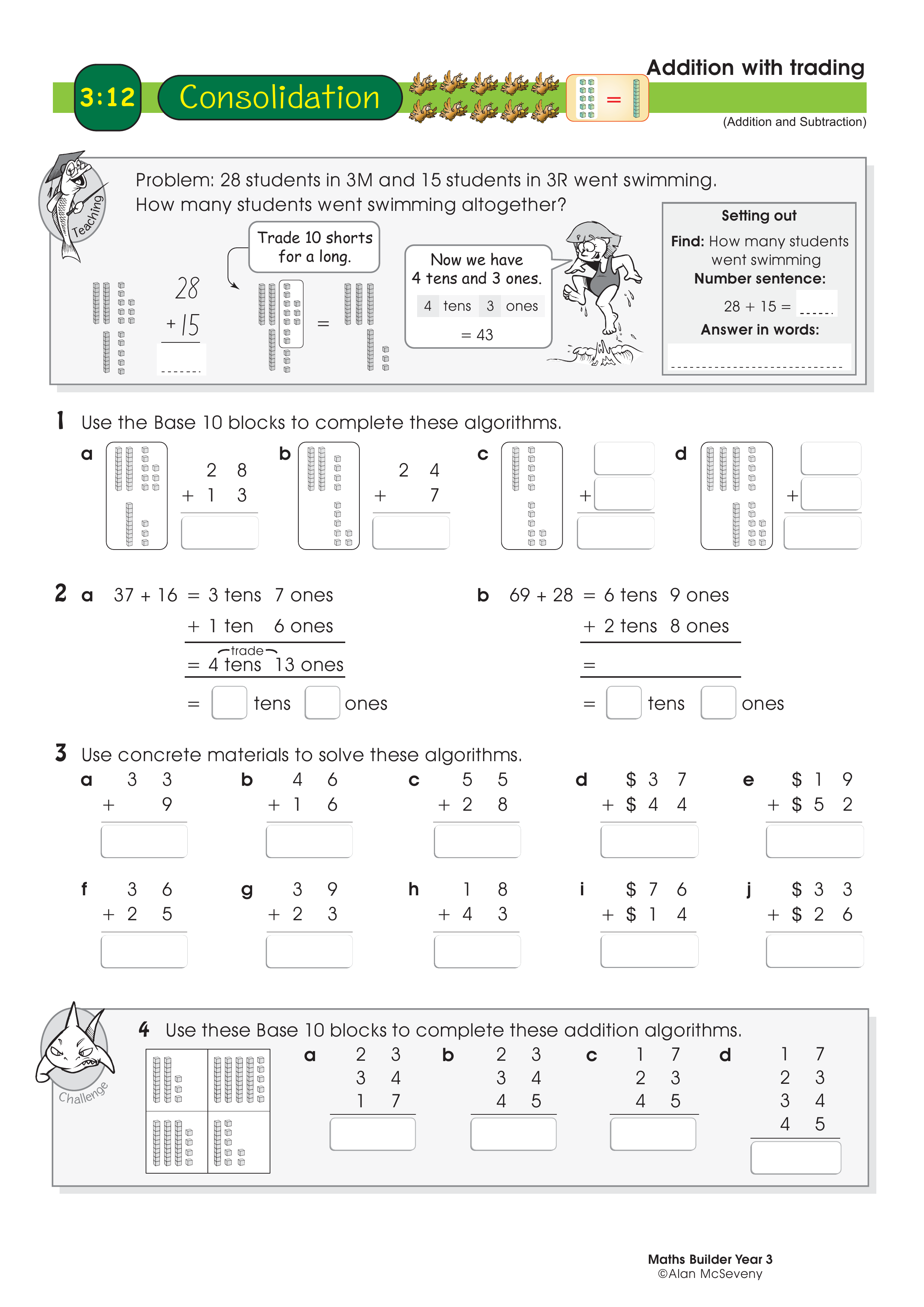 Addition with trading — worksheet preview