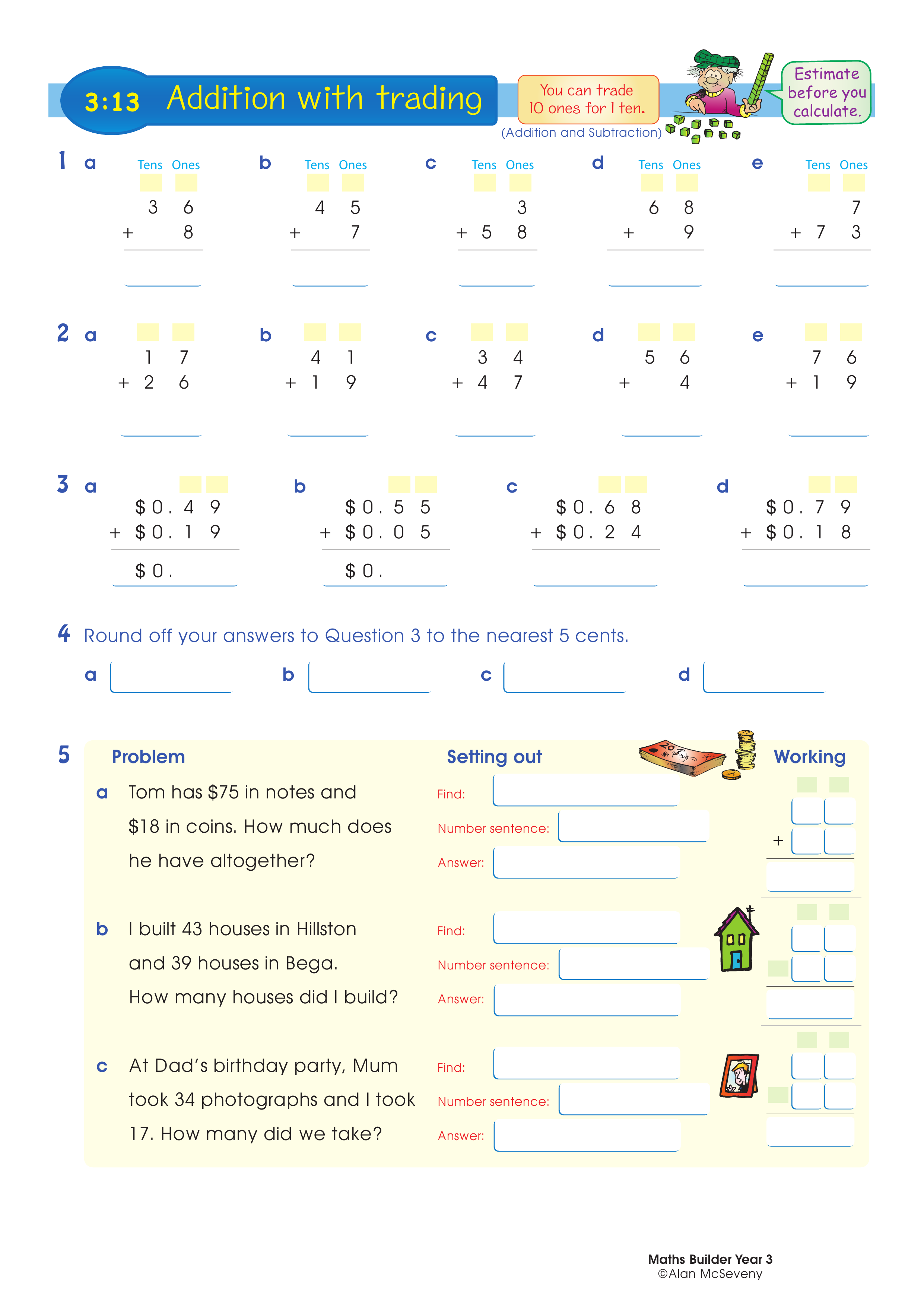 Addition with trading — worksheet preview