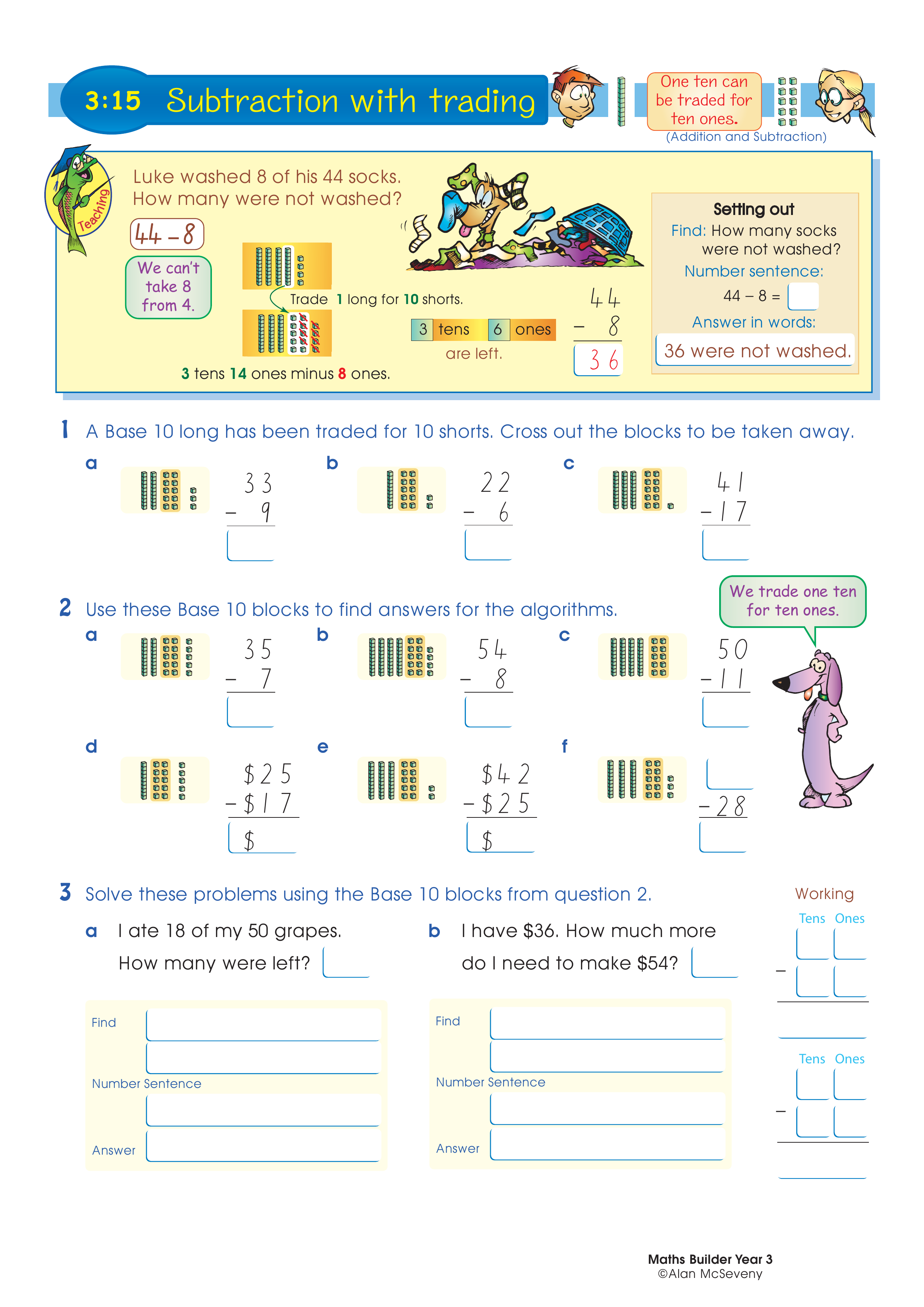 Subtraction with trading — worksheet preview