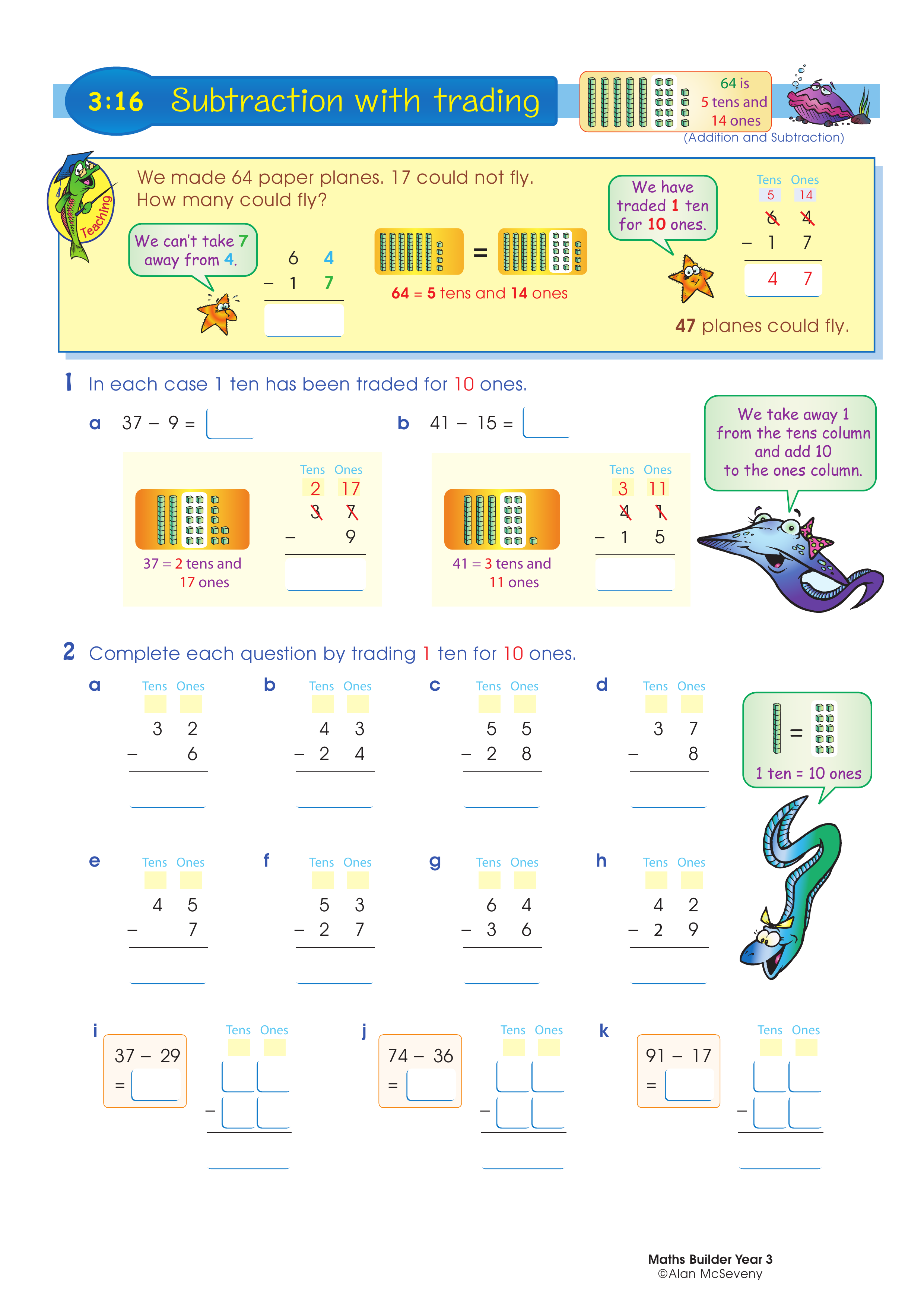 Subtraction with trading — worksheet preview