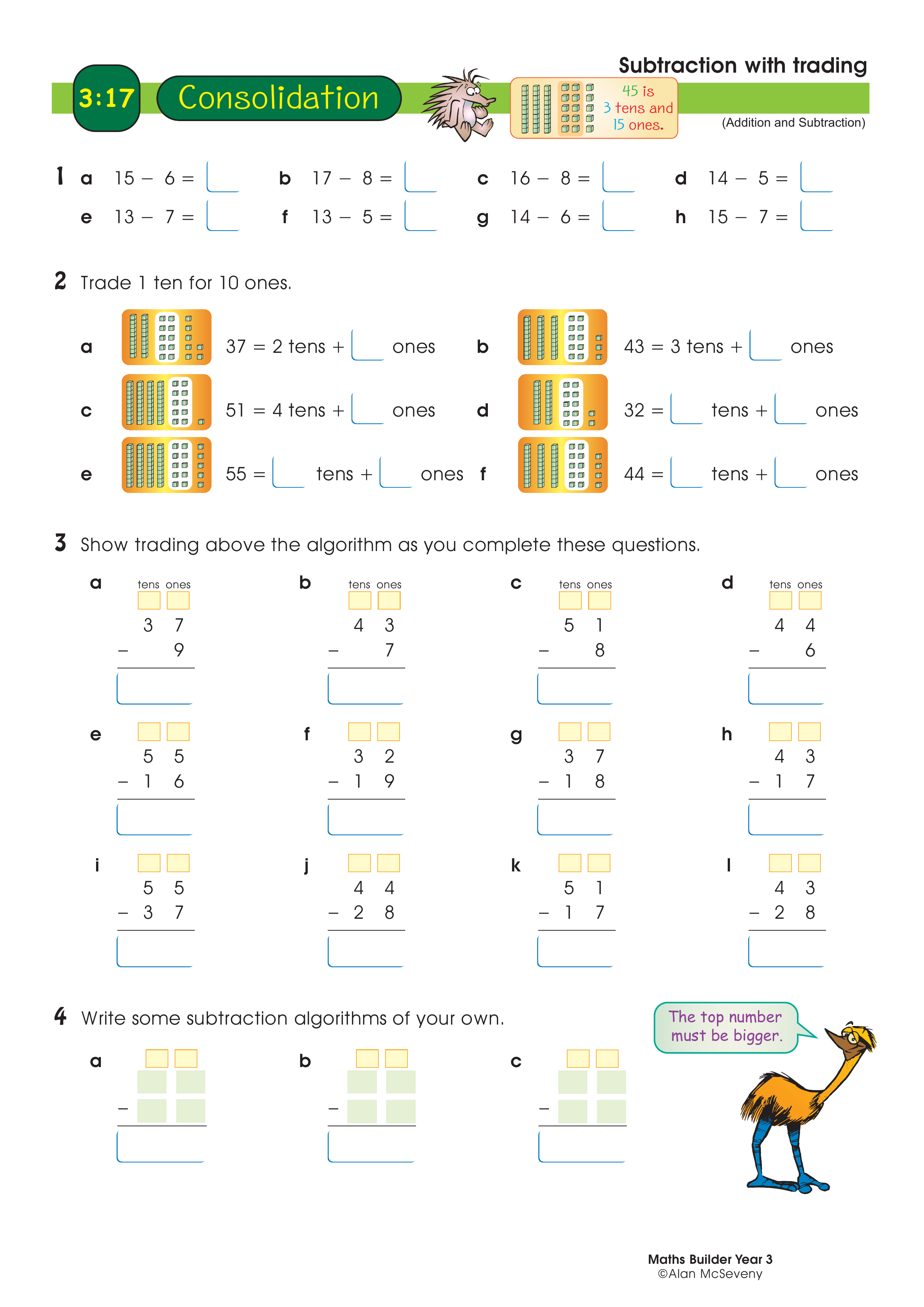 Subtraction with trading — worksheet preview