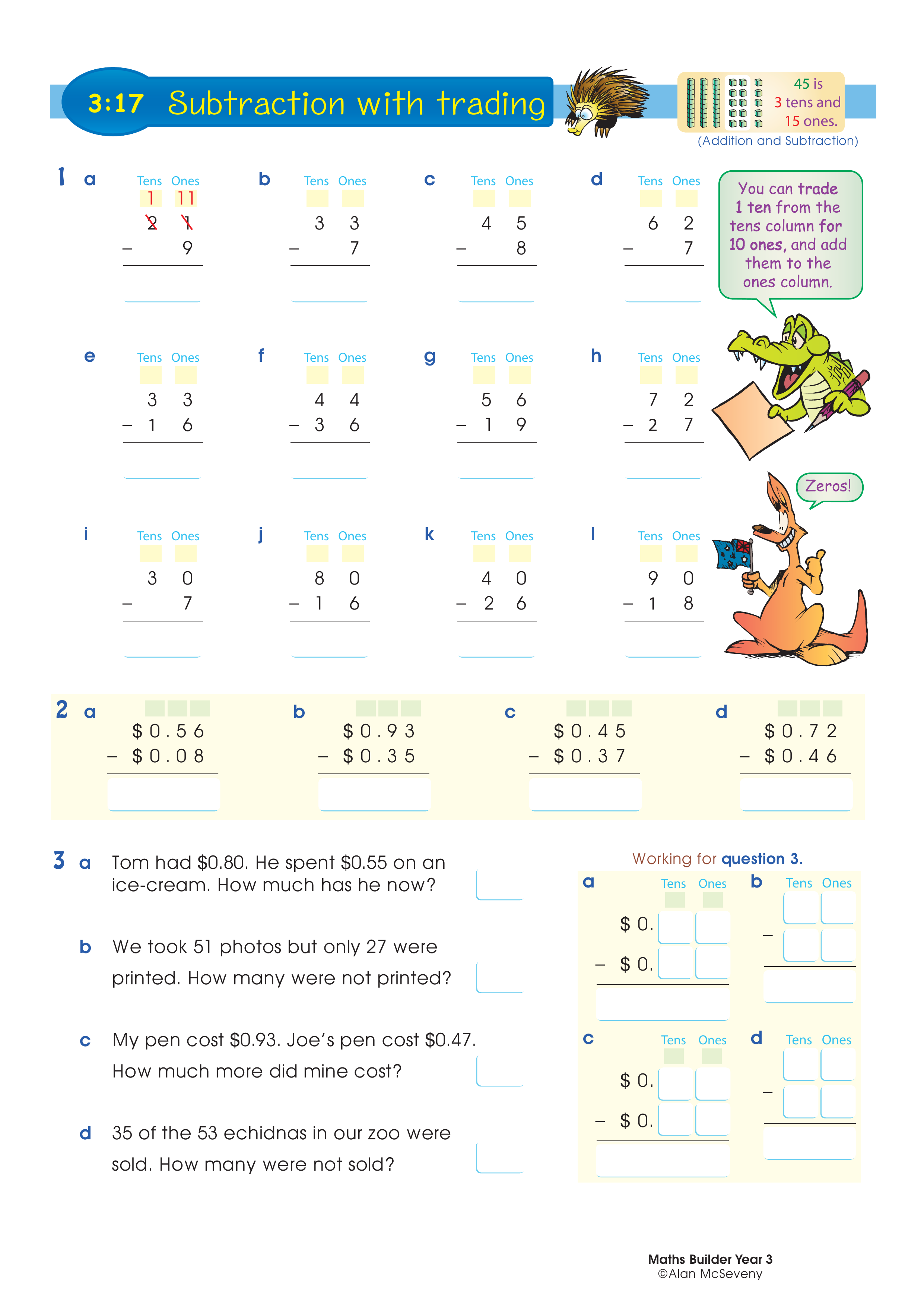 Subtraction with trading — worksheet preview