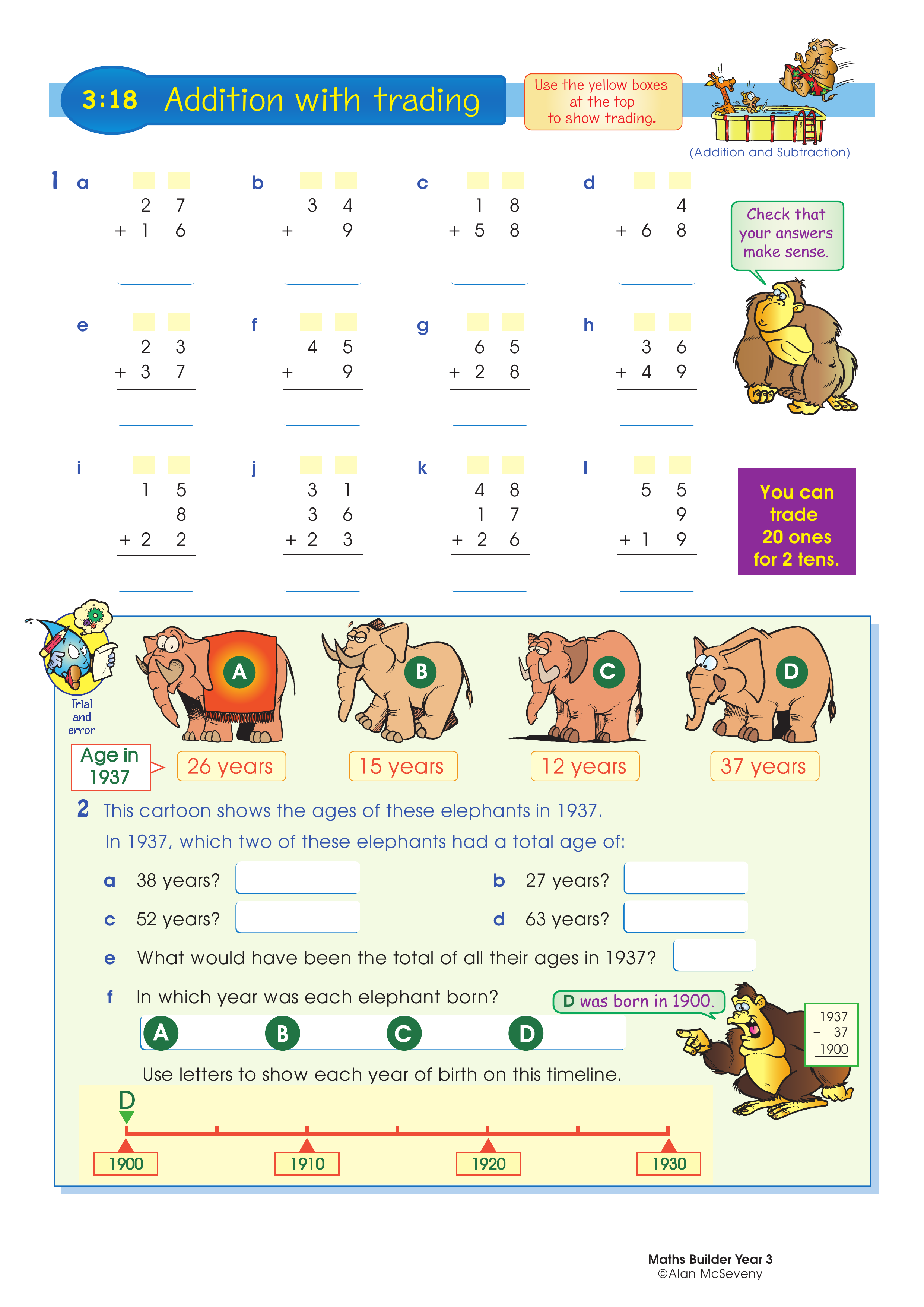 Addition with trading — worksheet preview