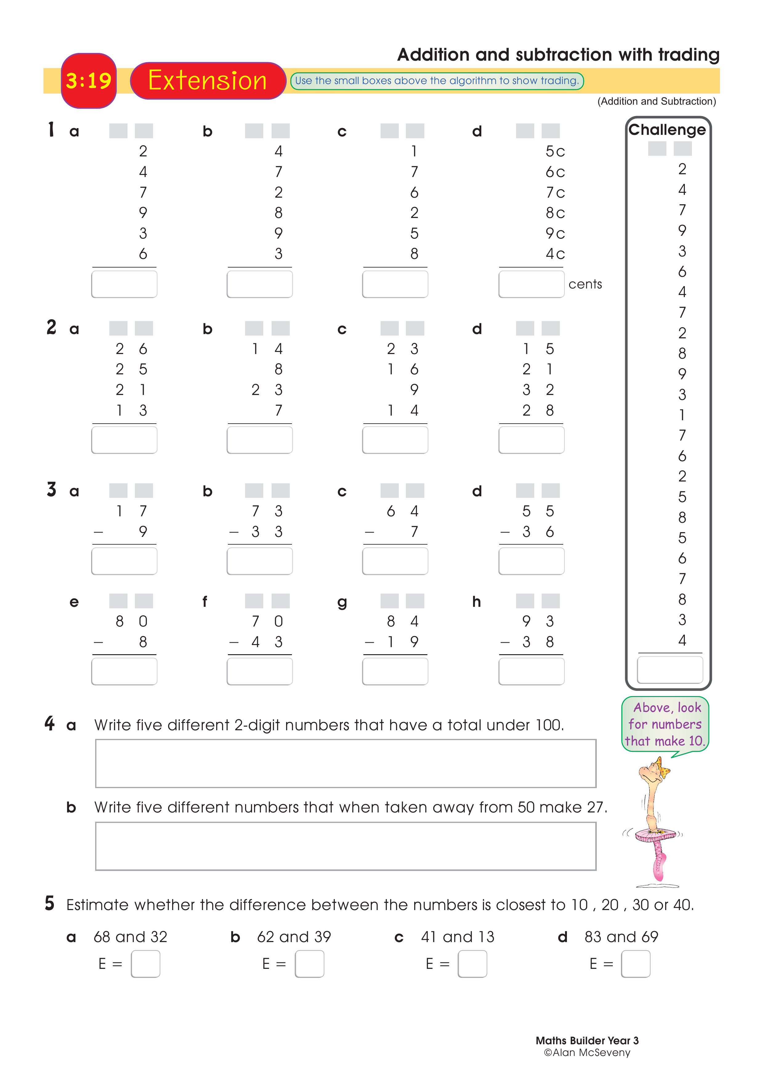 Addition and subtraction with trading — worksheet preview