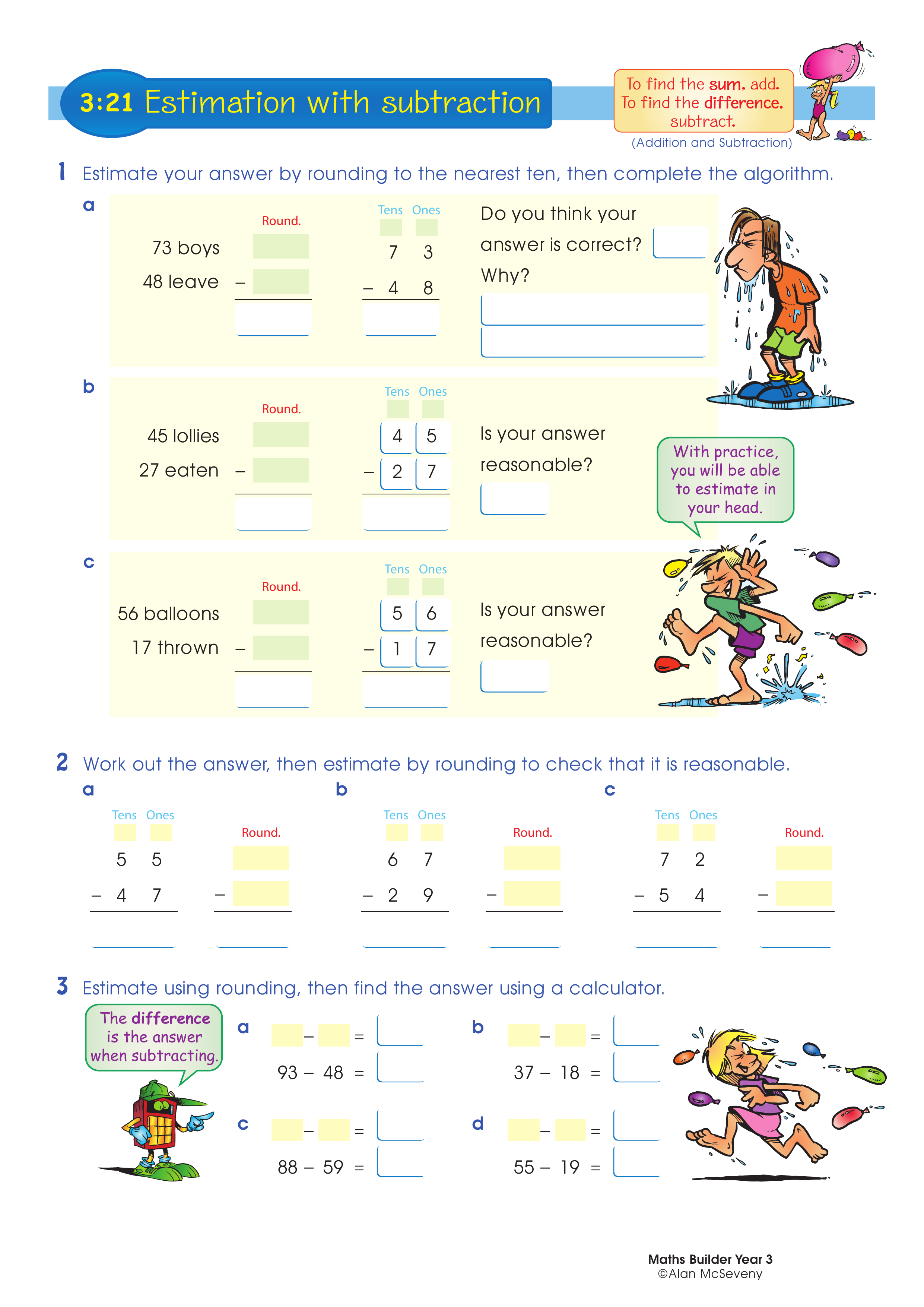 Estimation with subtraction — worksheet preview