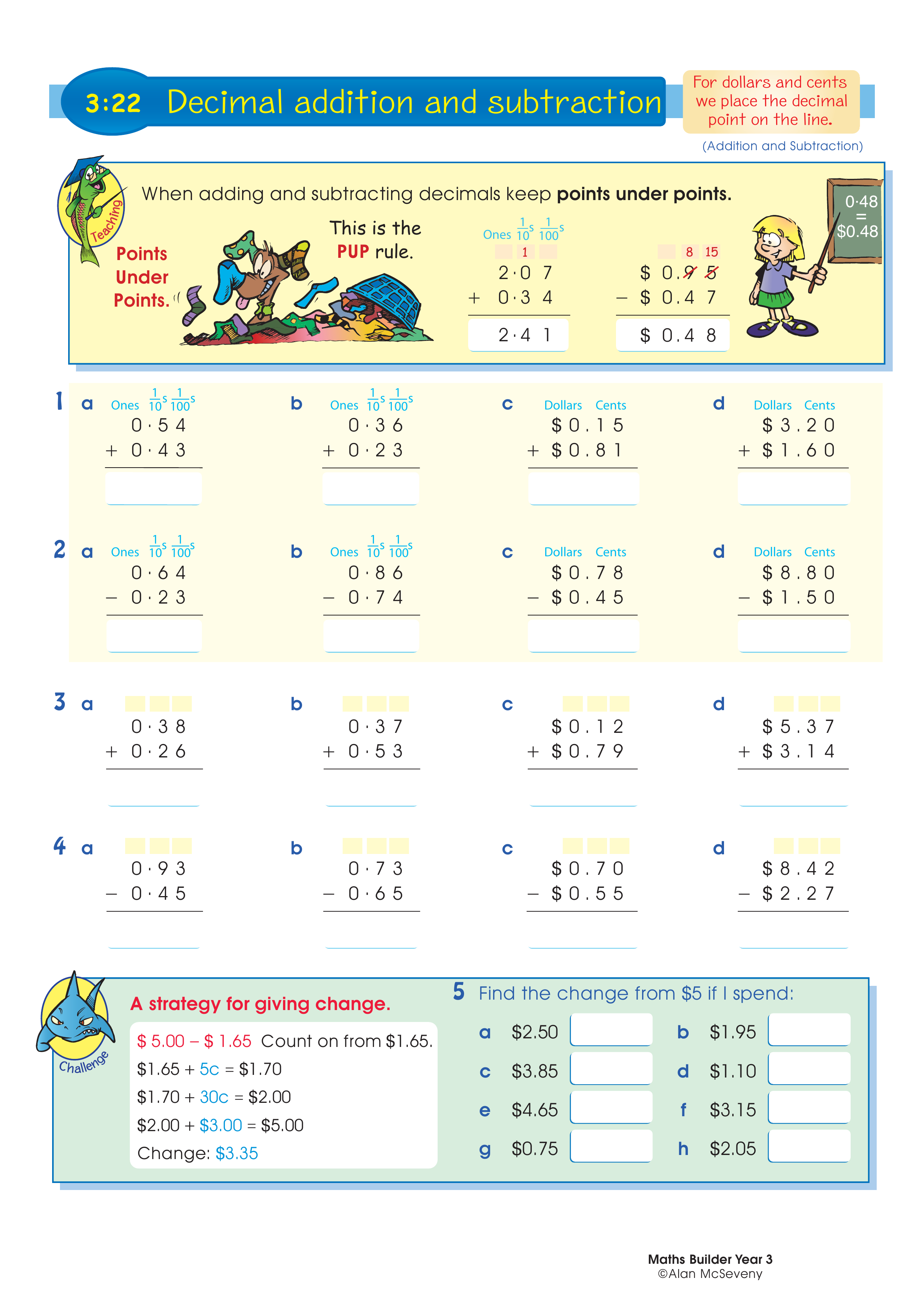 Decimal addition and subtraction — worksheet preview