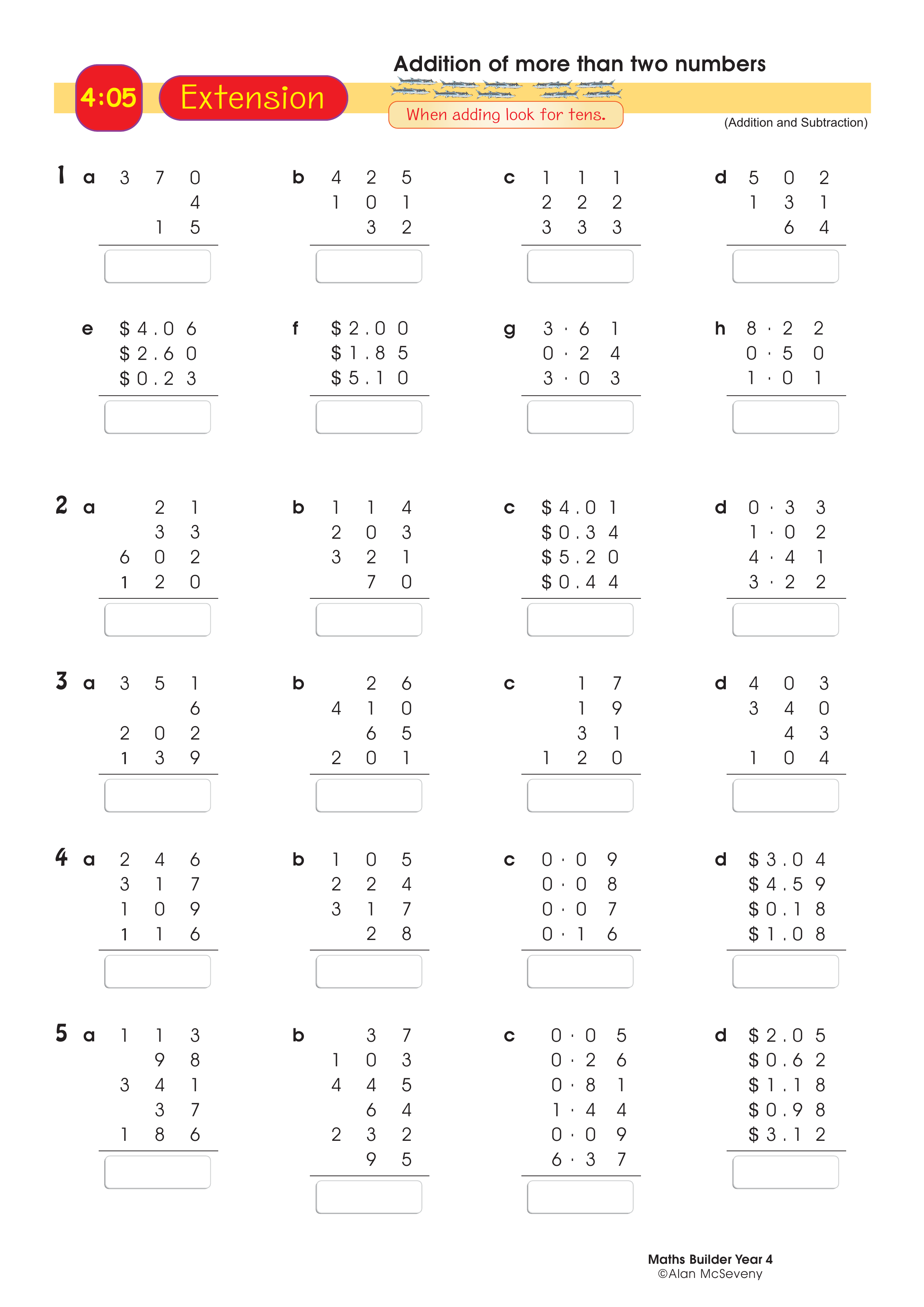 Addition of more than two numbers — worksheet preview
