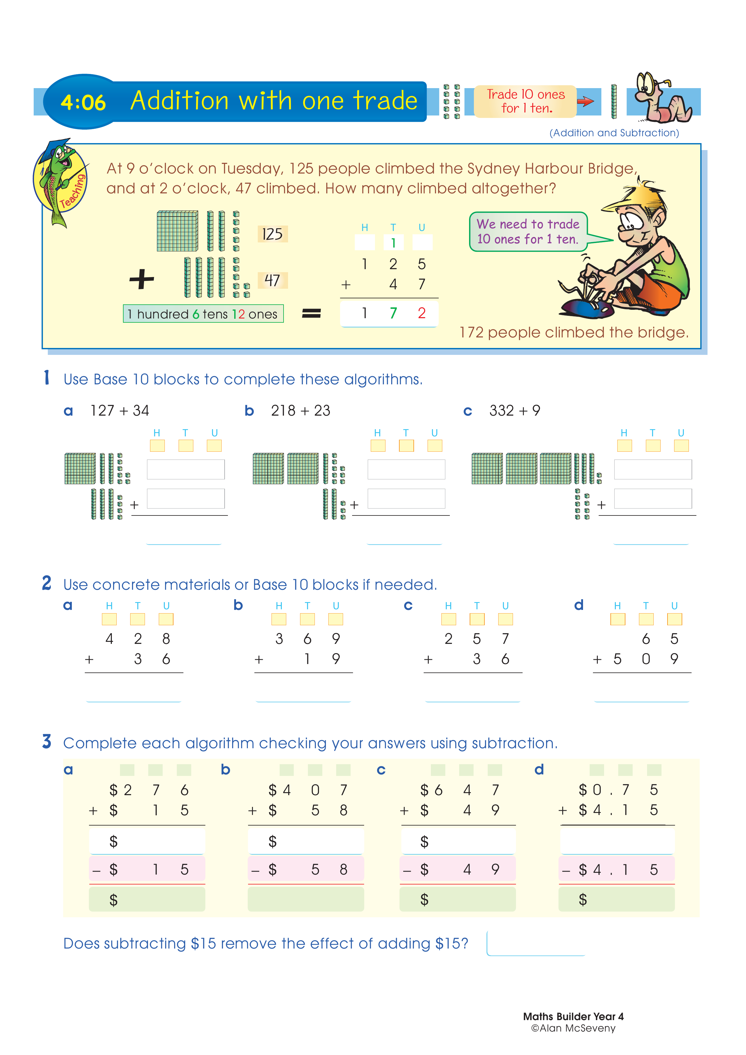 Addition with one trade — worksheet preview