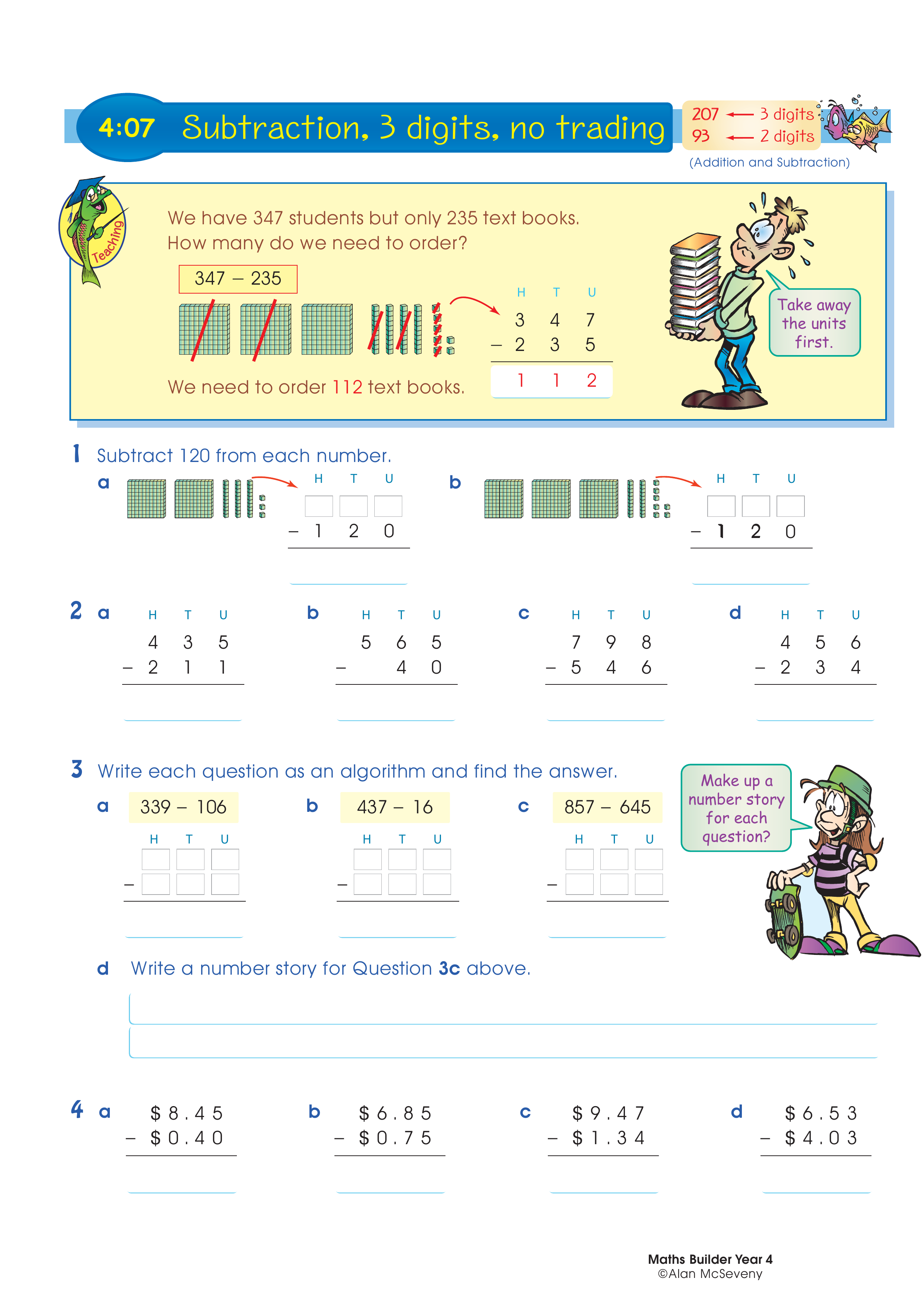 Subtraction, 3 digits, no trading — worksheet preview