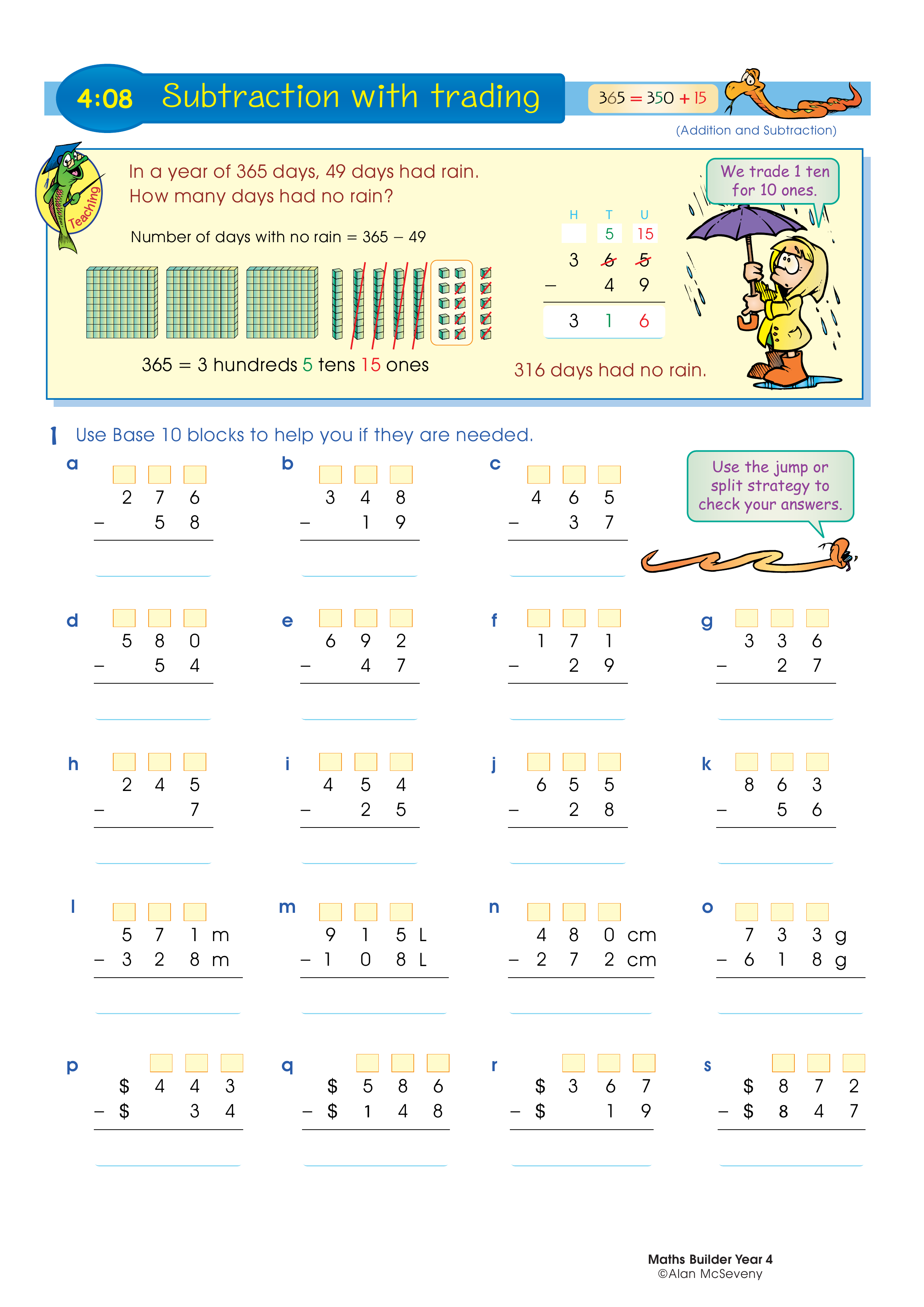 Subtraction with trading — worksheet preview