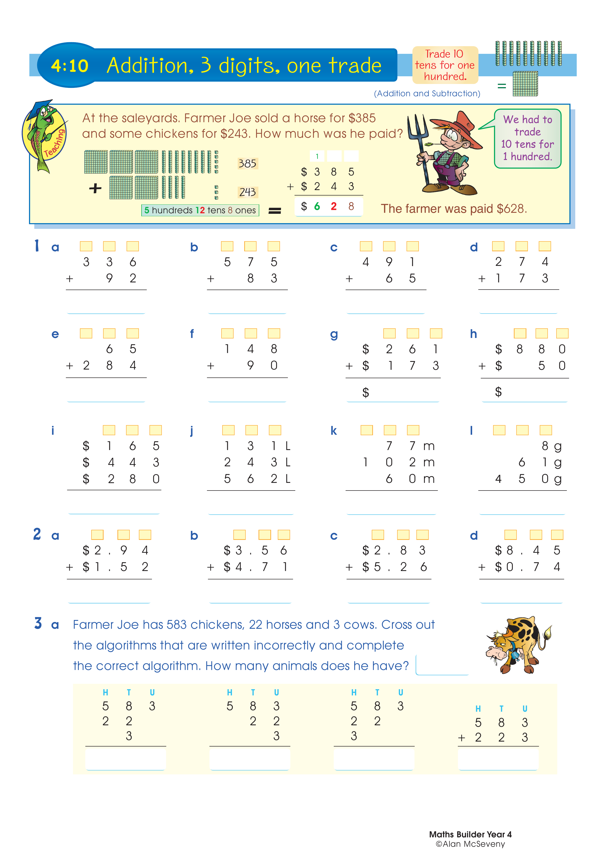 Addition, 3 digits, one trade — worksheet preview