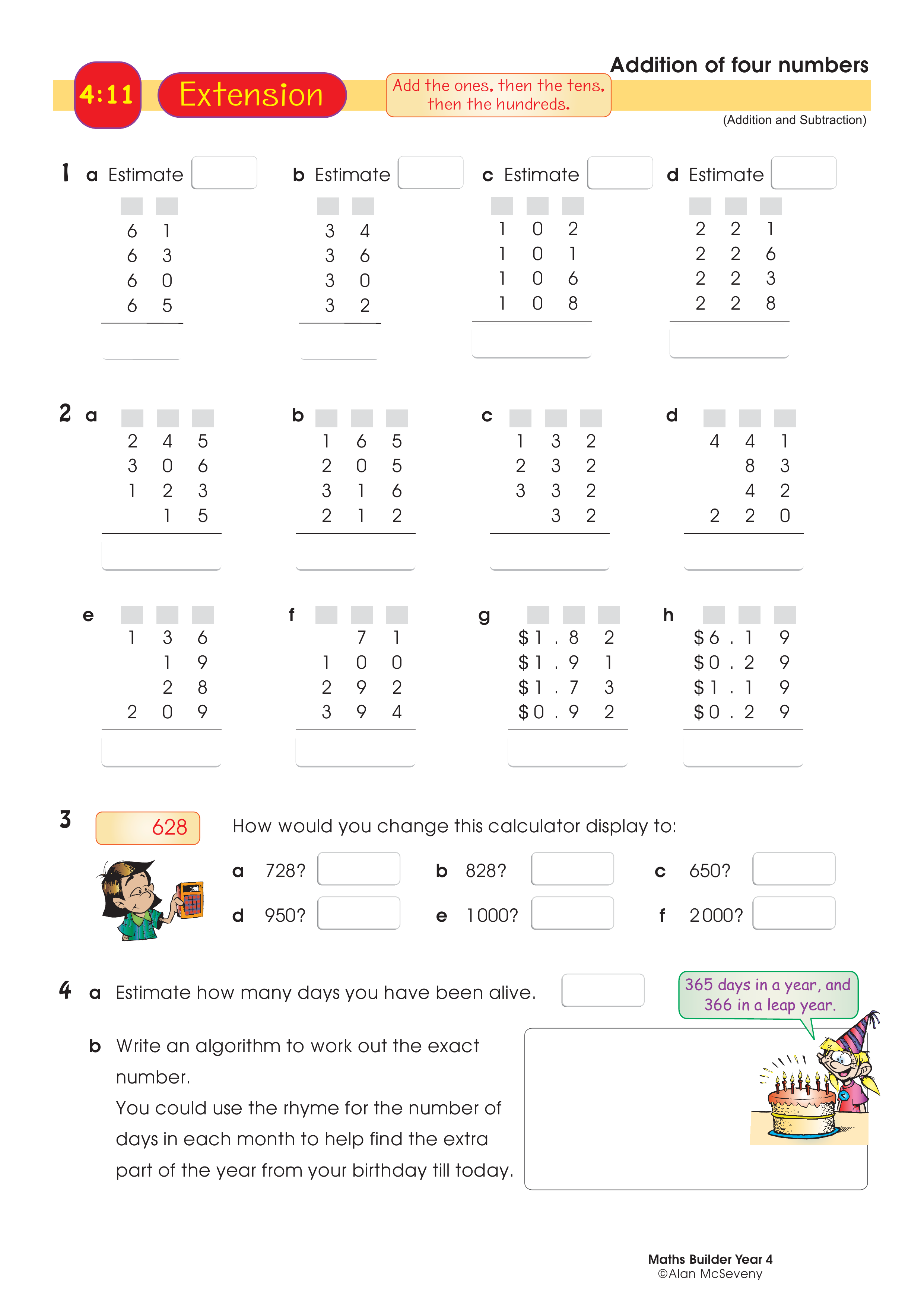 Addition of four numbers — worksheet preview