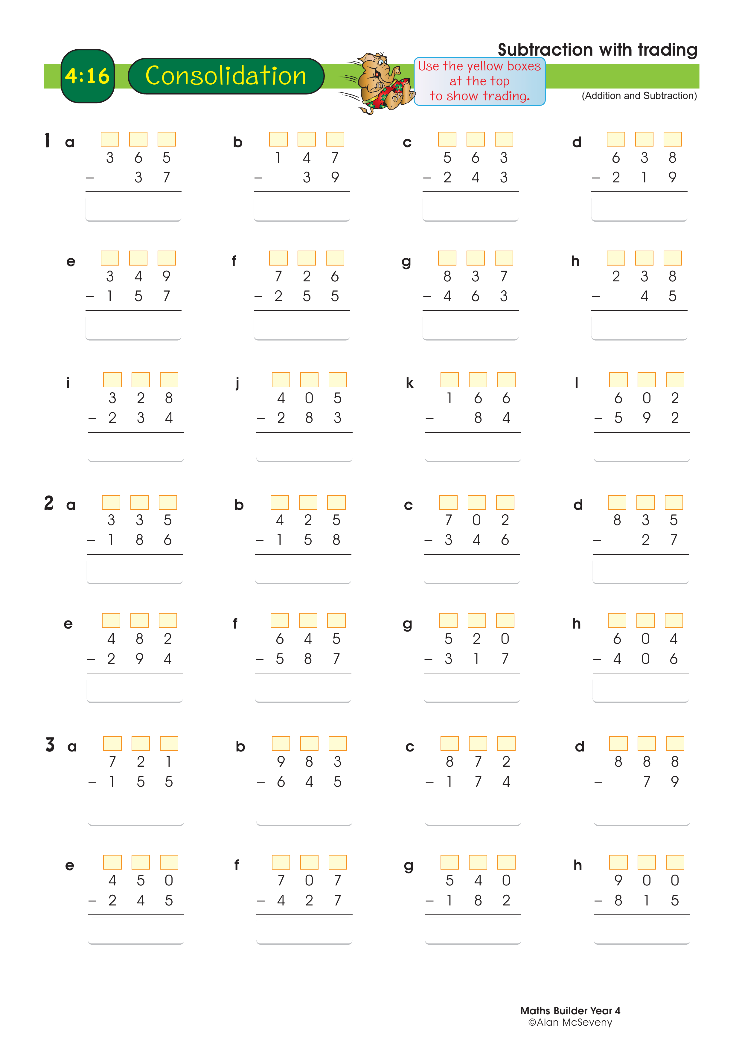 Subtraction with trading — worksheet preview