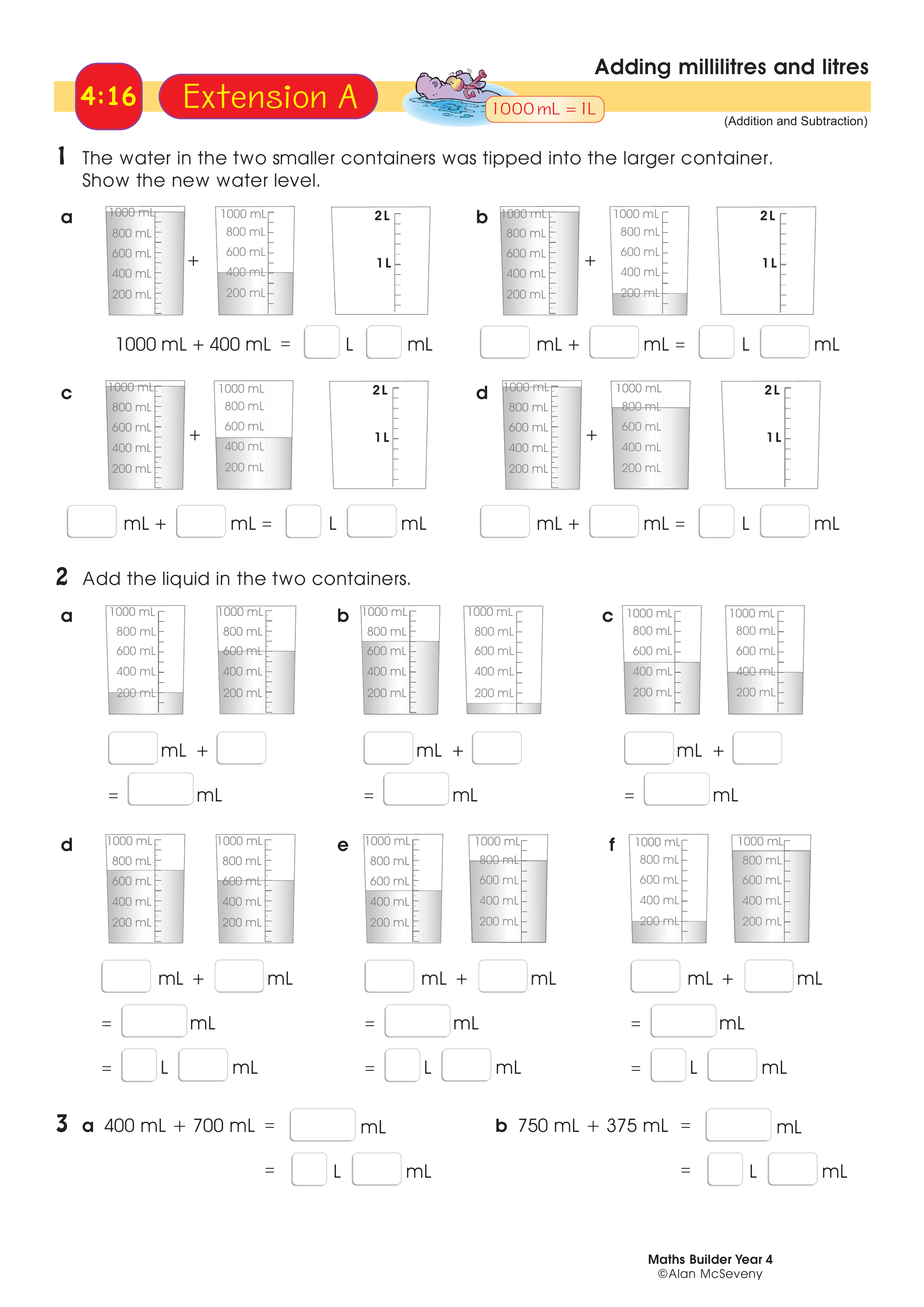Adding millilitres and litres — worksheet preview