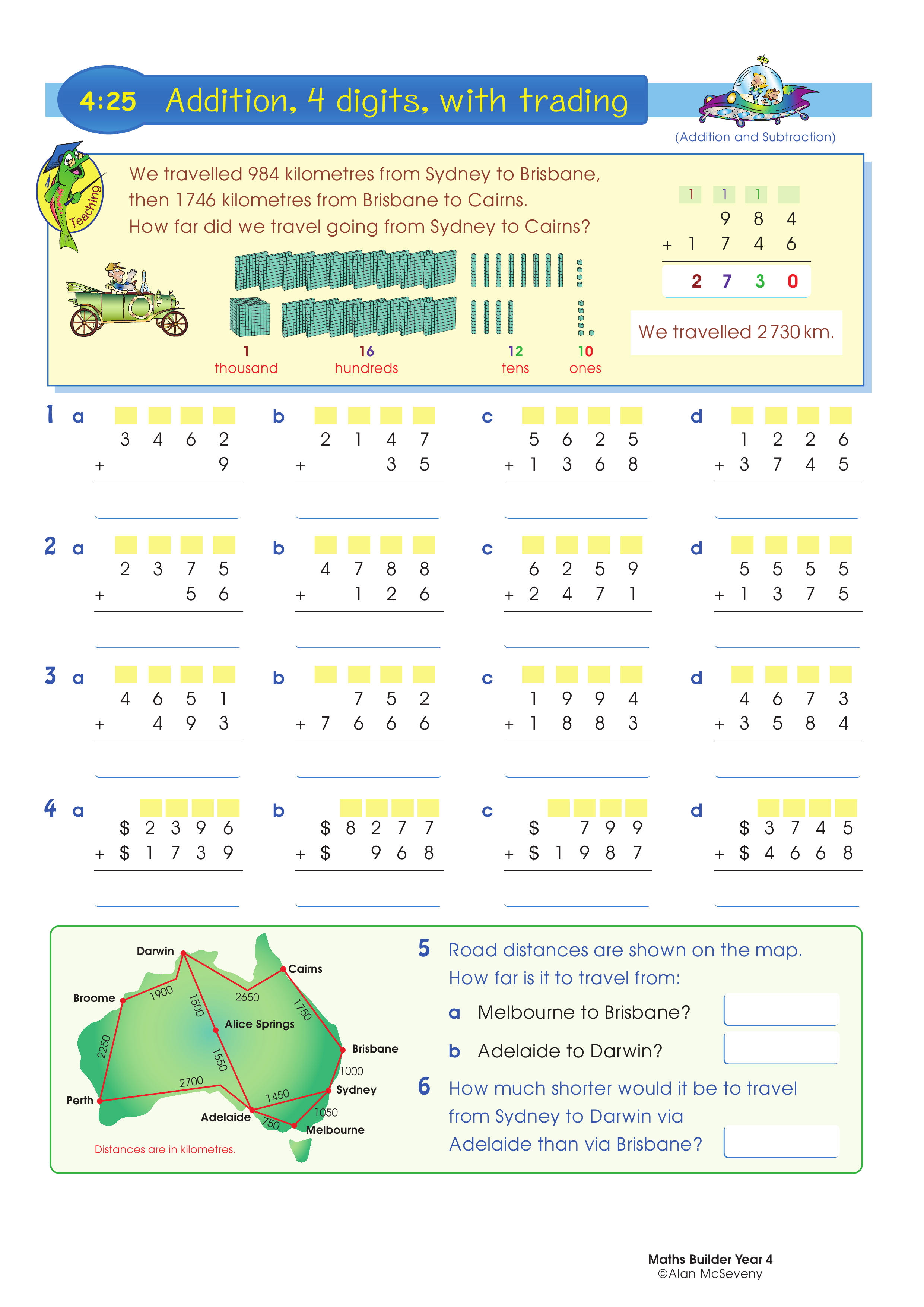 Addition, 4 digits, with trading — worksheet preview