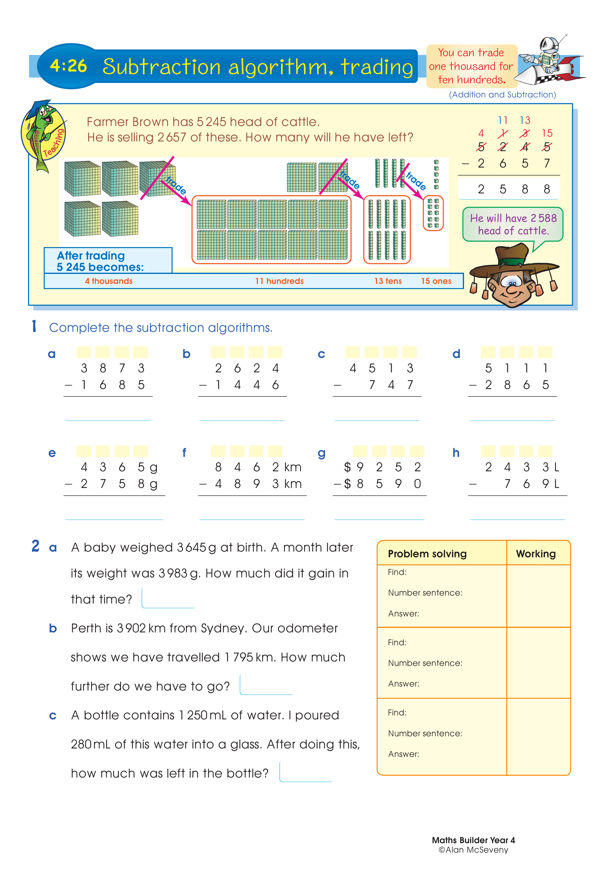 Subtraction algorithm, trading — worksheet preview