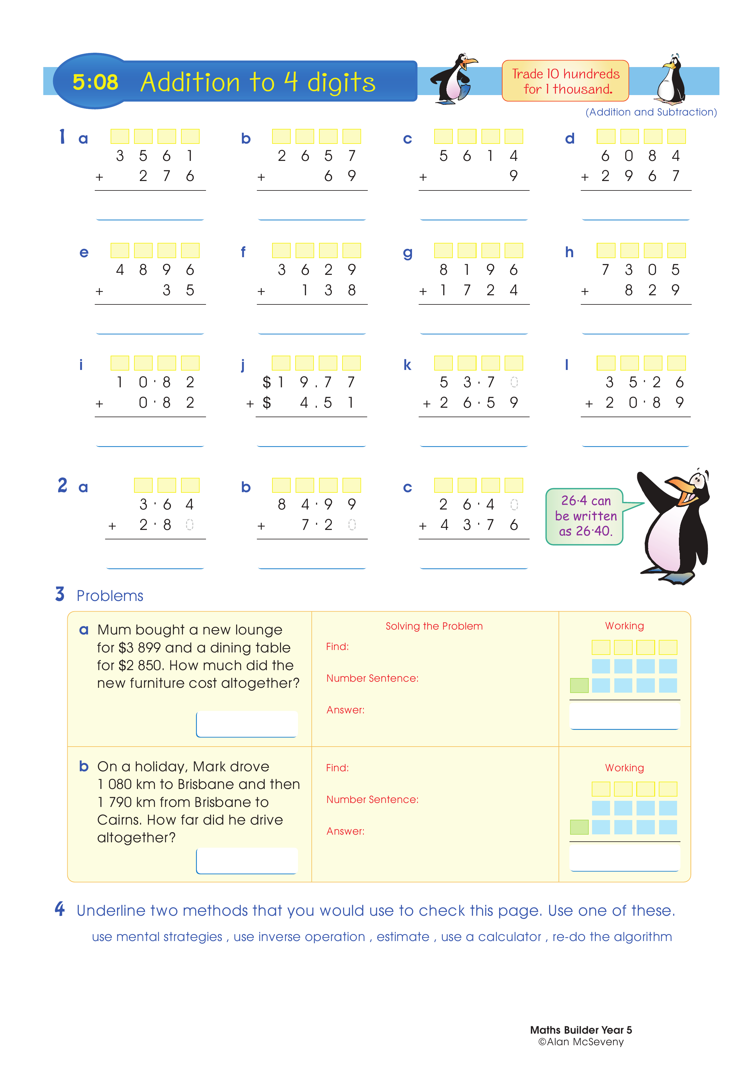 Addition to 4 digits — worksheet preview