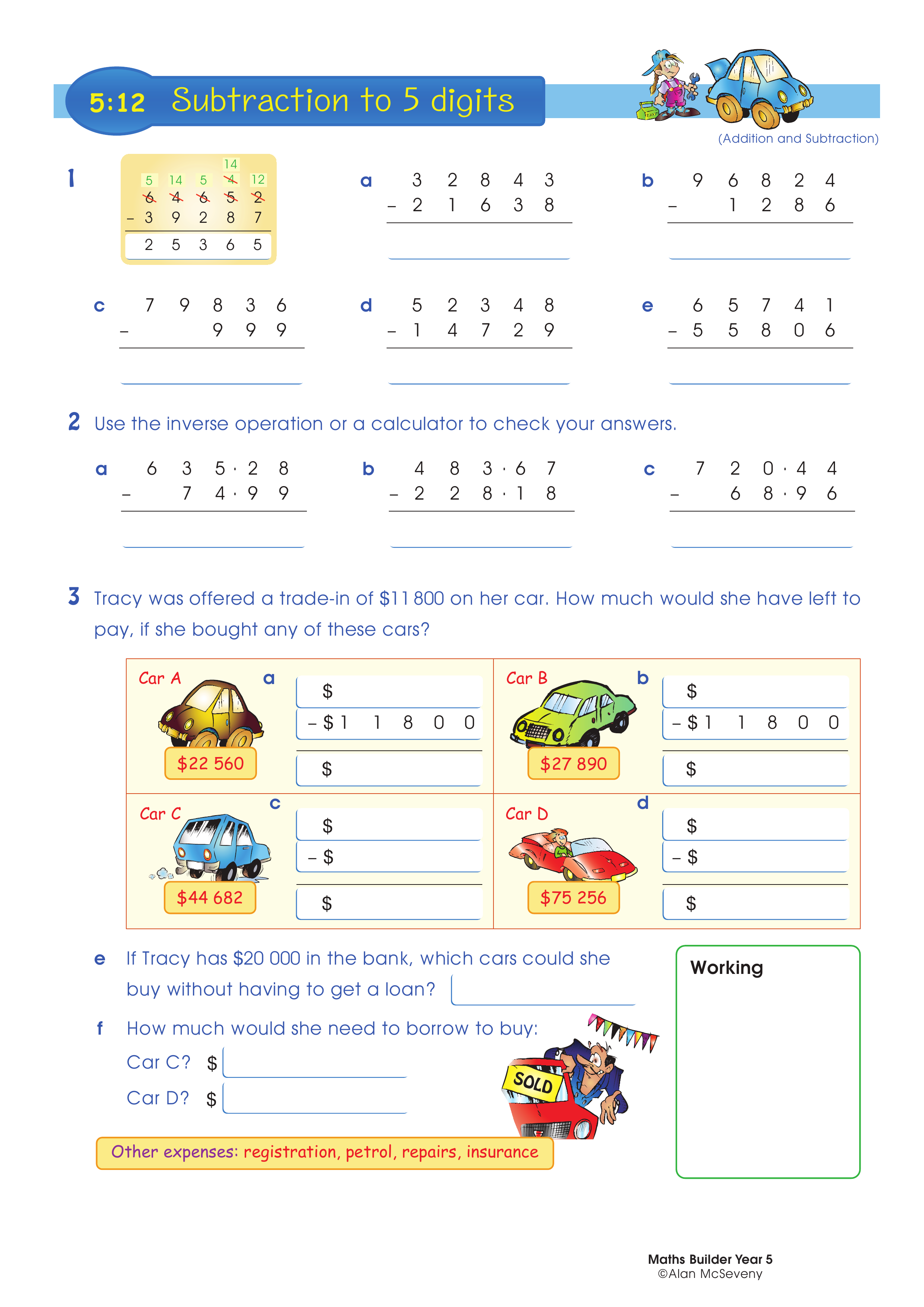 Subtraction to 5 digits — worksheet preview