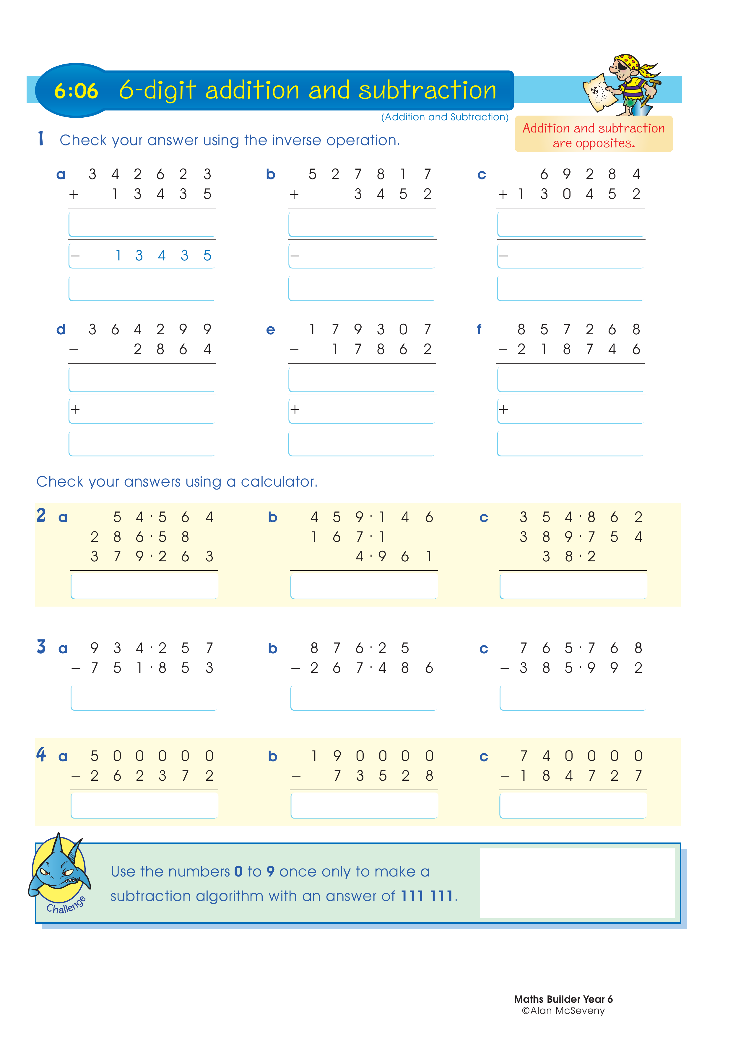6-digit addition and subtraction — worksheet preview