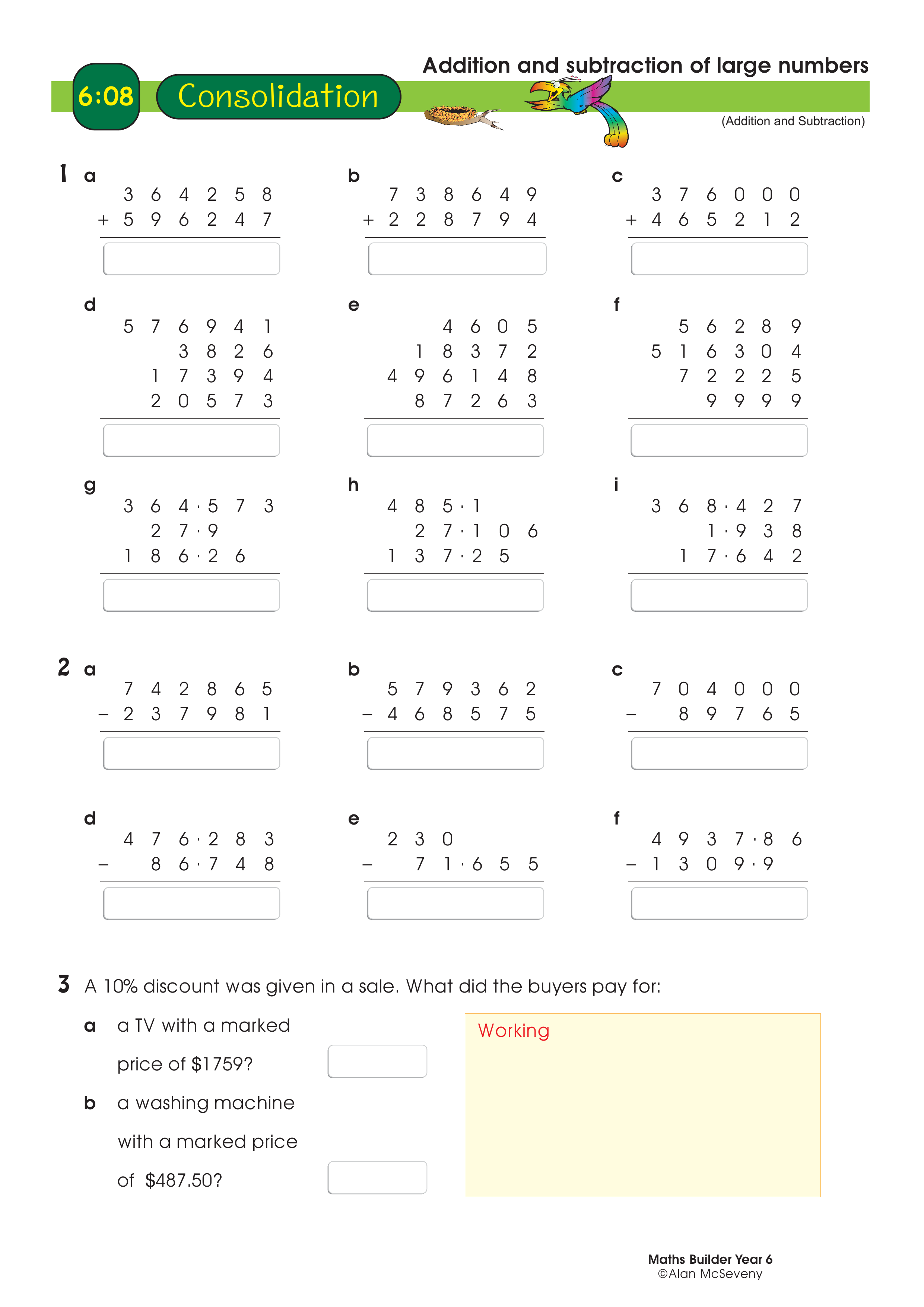 Addition and subtraction of large numbers — worksheet preview