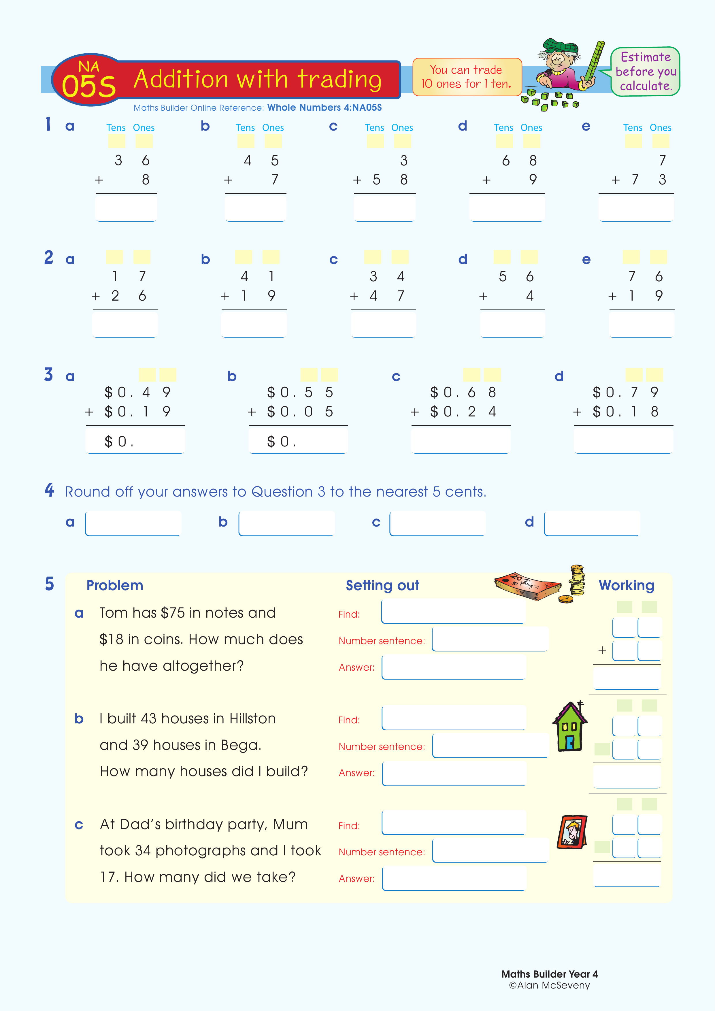 Addition with trading — worksheet preview