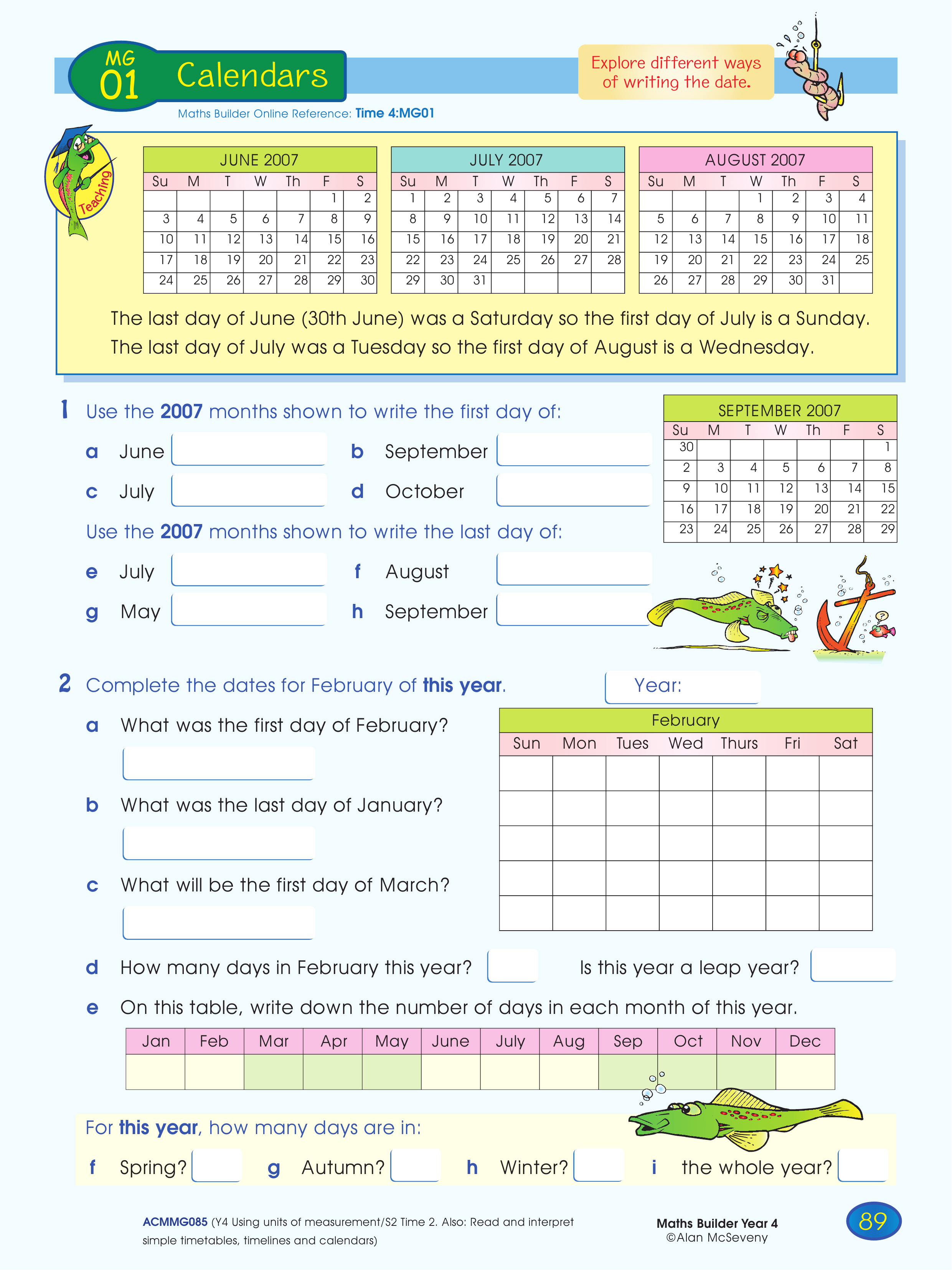 Calendars — worksheet preview