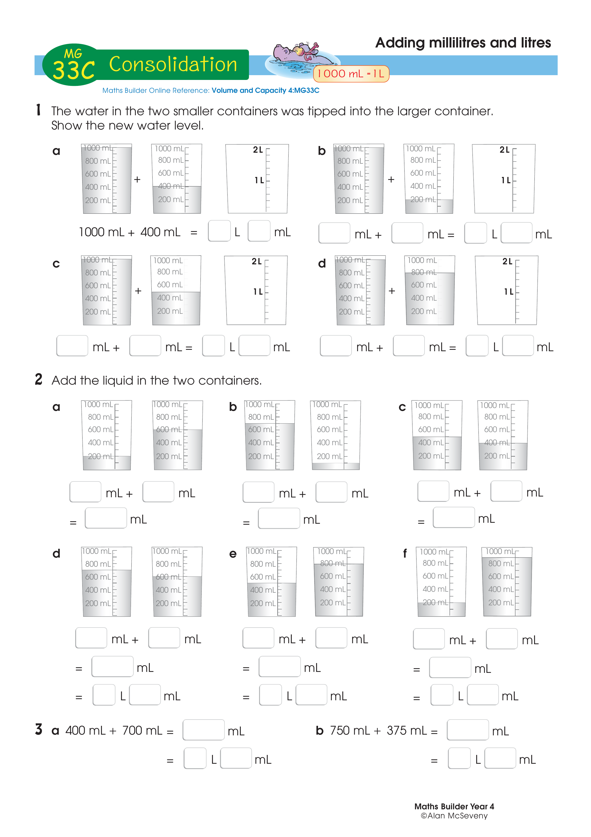 Adding millilitres and litres — worksheet preview