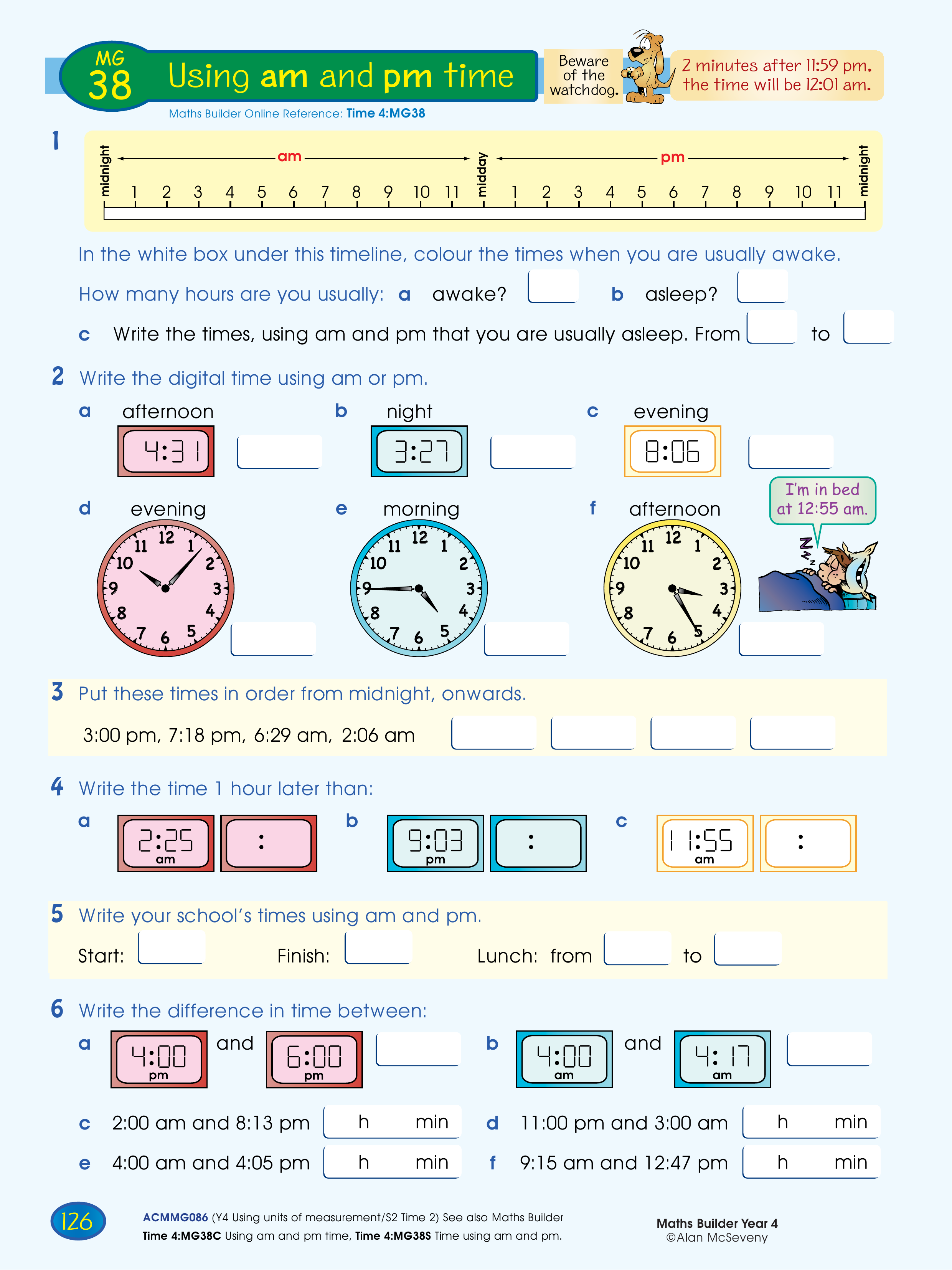 Using am and pm time — worksheet preview