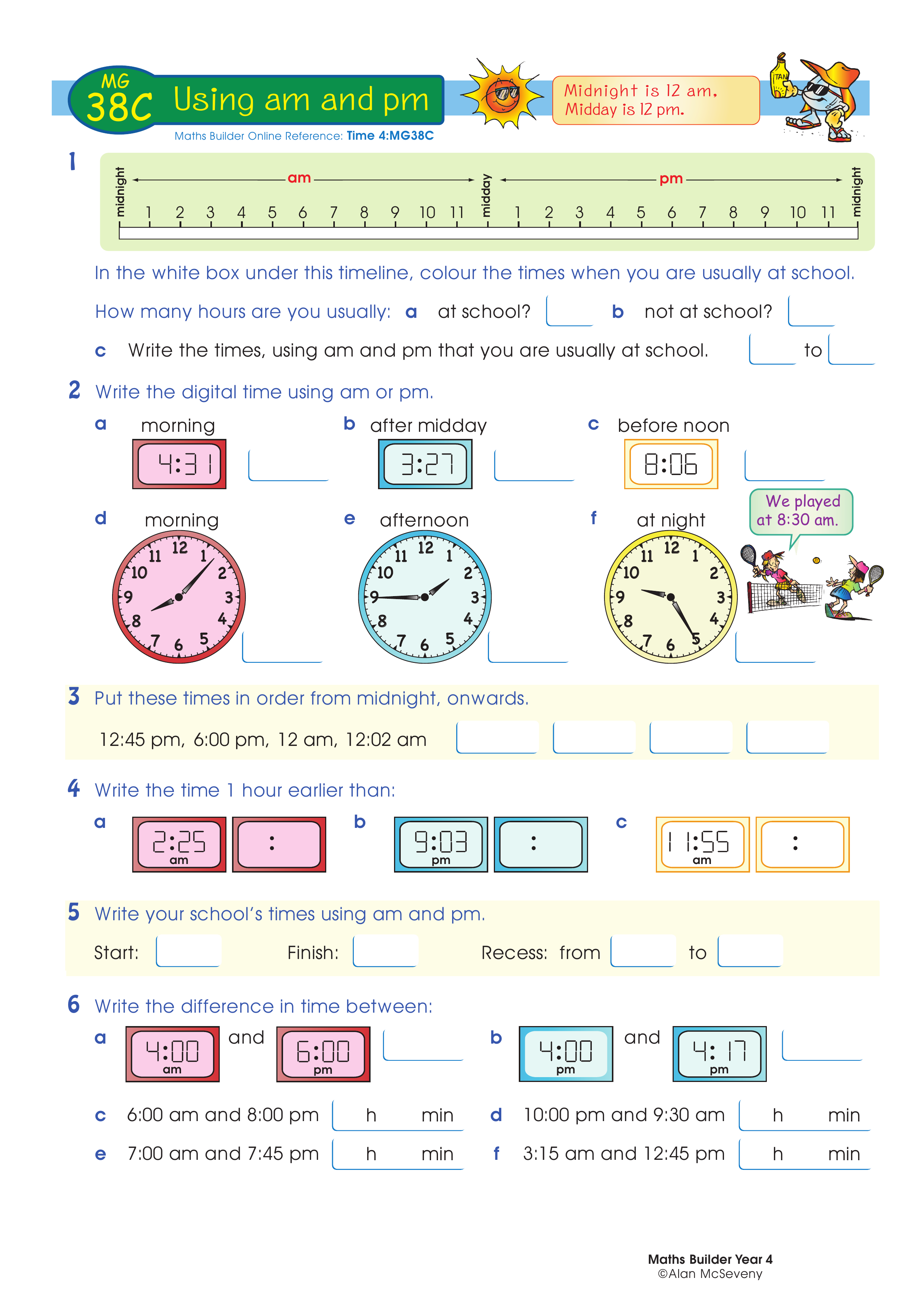 Using am and pm — worksheet preview