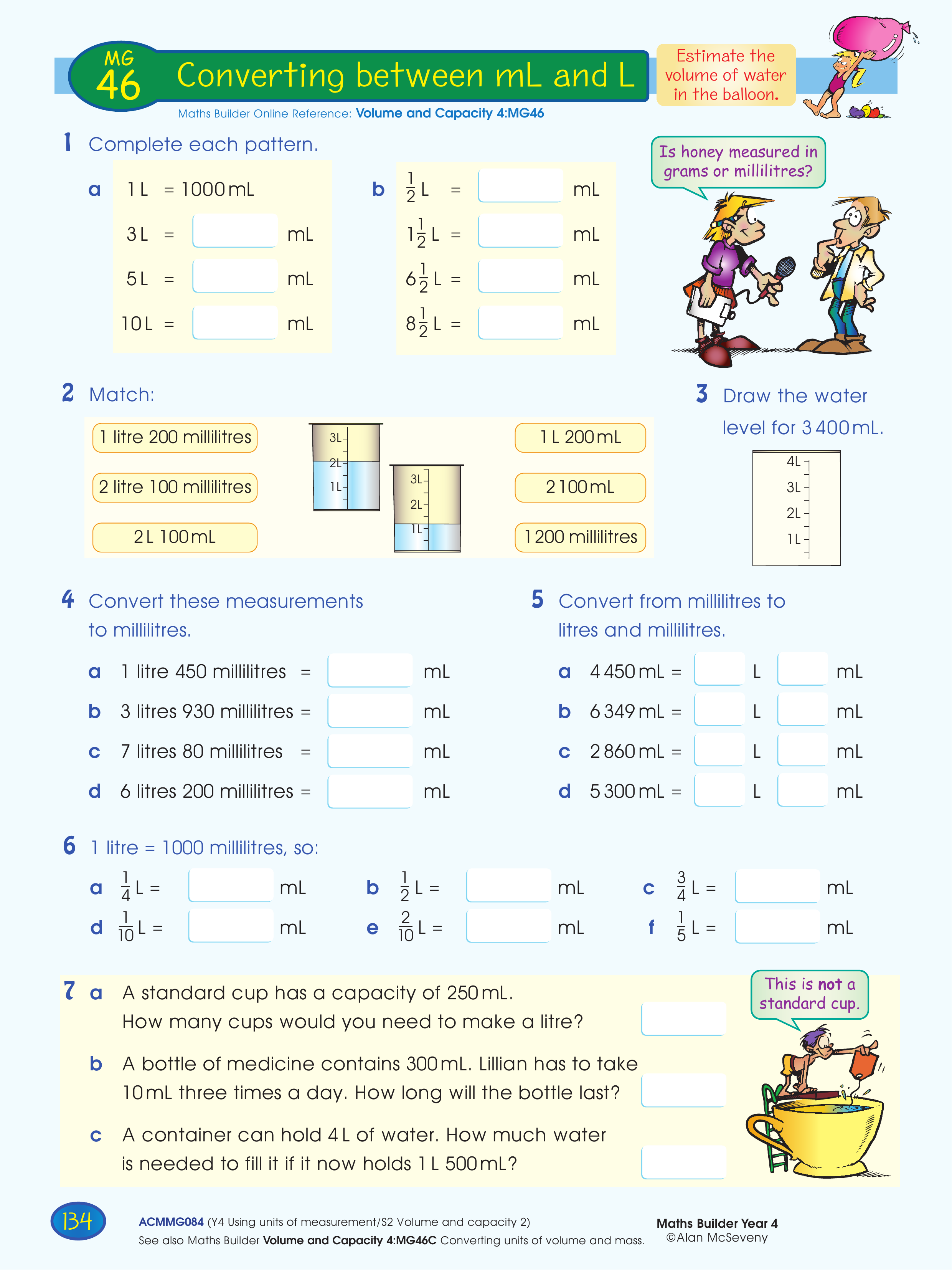 Converting between mL and L — worksheet preview