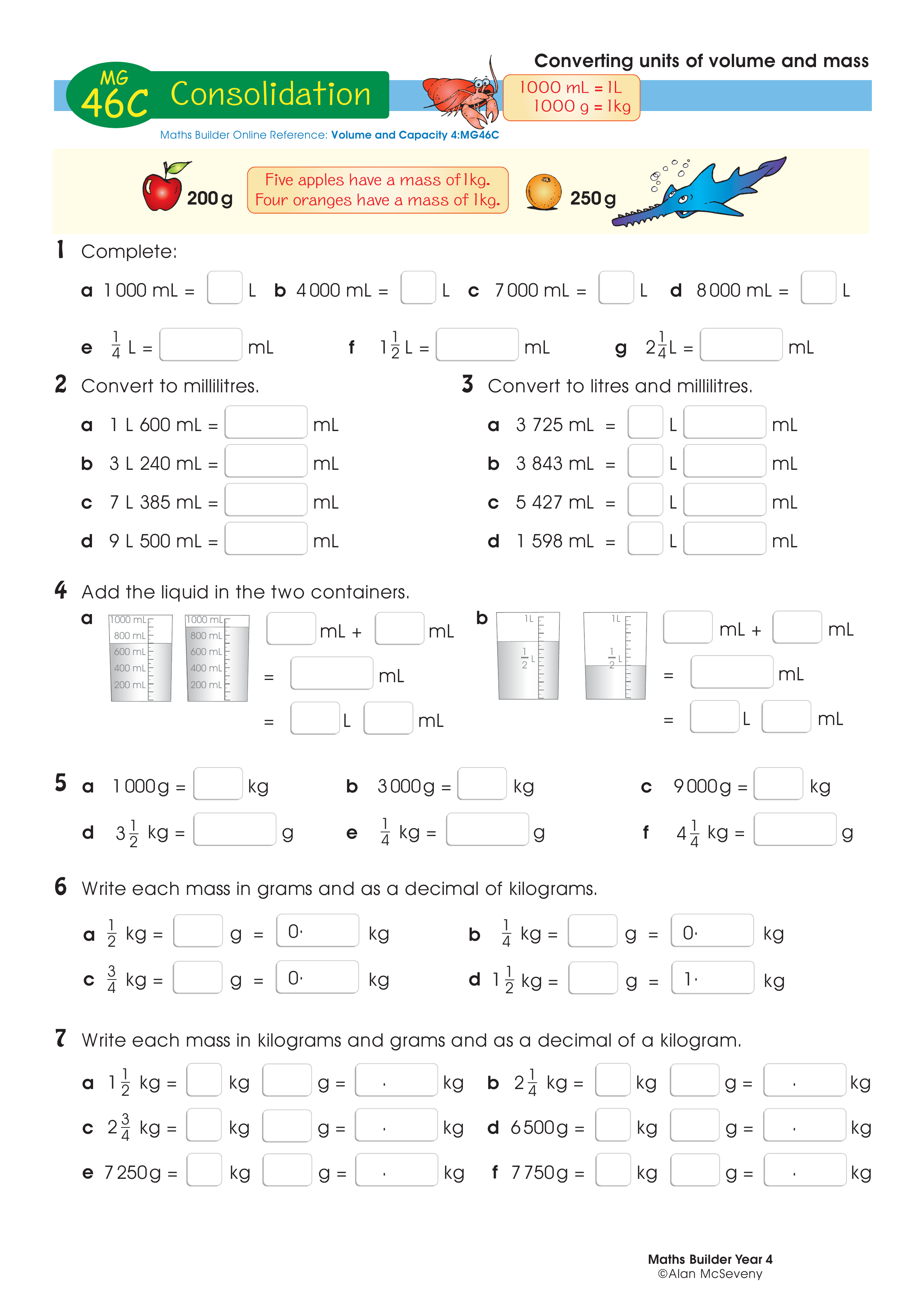 Converting units of volume and mass — worksheet preview